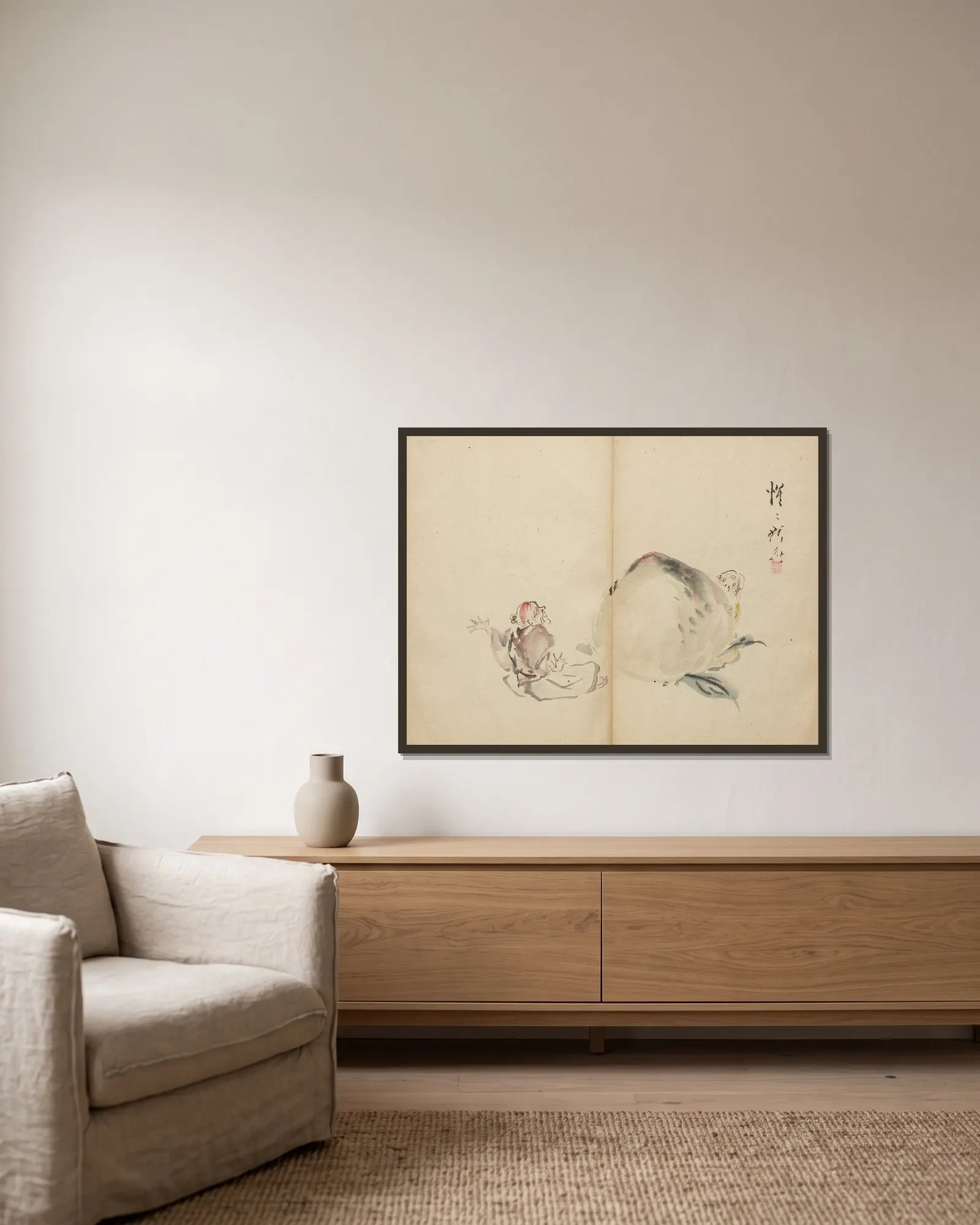 The Peach Boy av Kawanabe Kyōsai inramad på en vägg