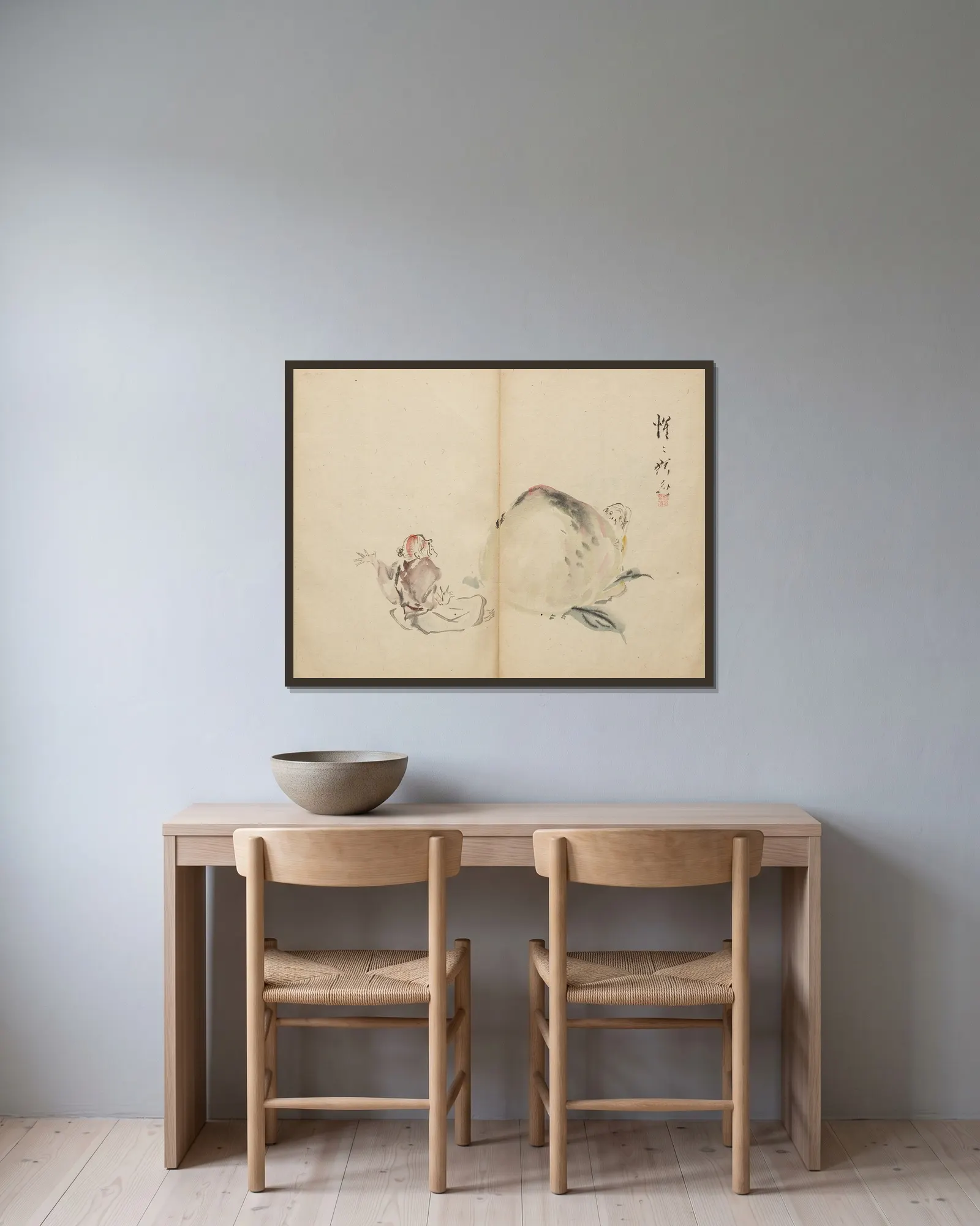 The Peach Boy av Kawanabe Kyōsai inramad på en vägg