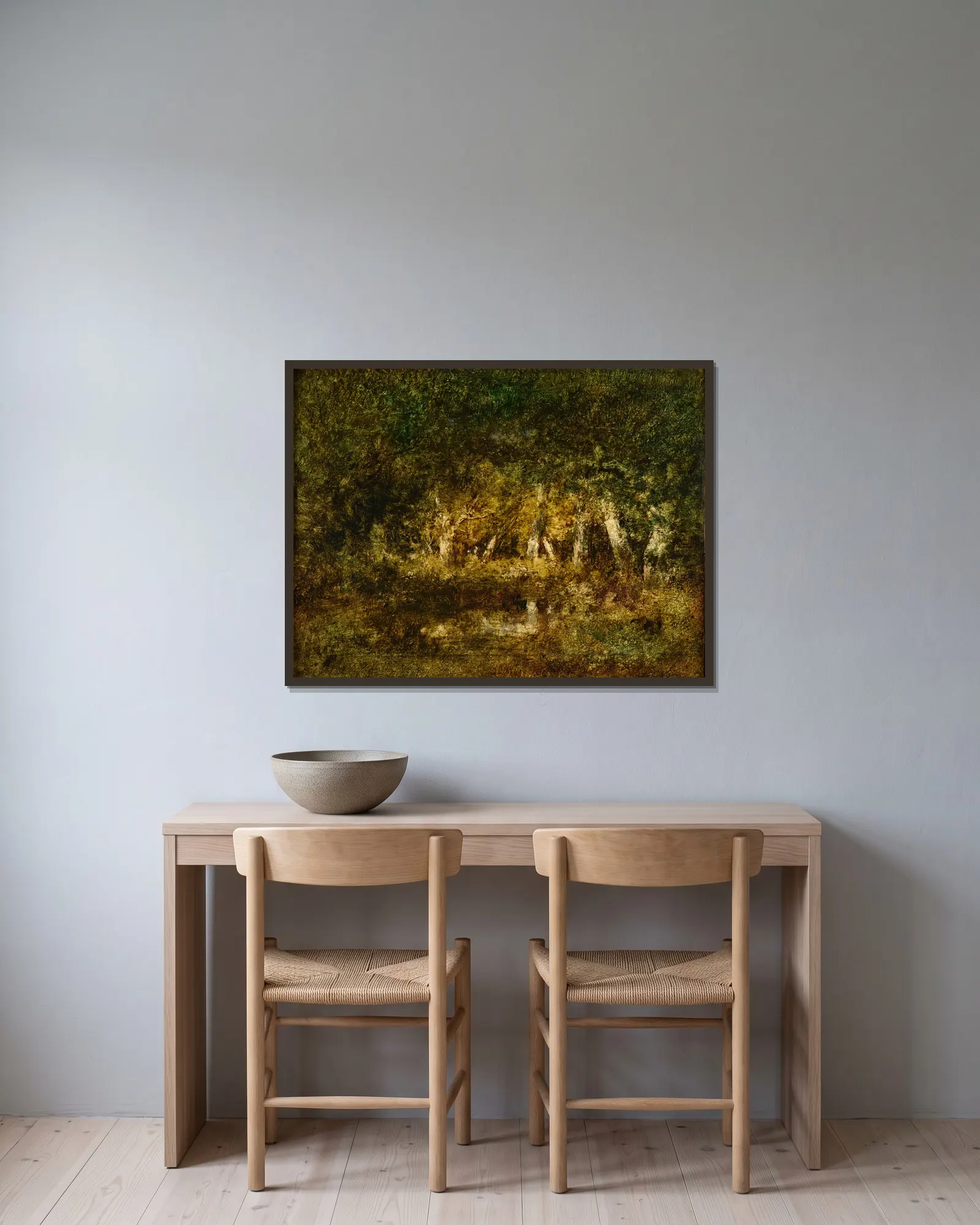 Petite mare en forêt av Narcisse-Virgile Diaz de La Peña inramad på en vägg