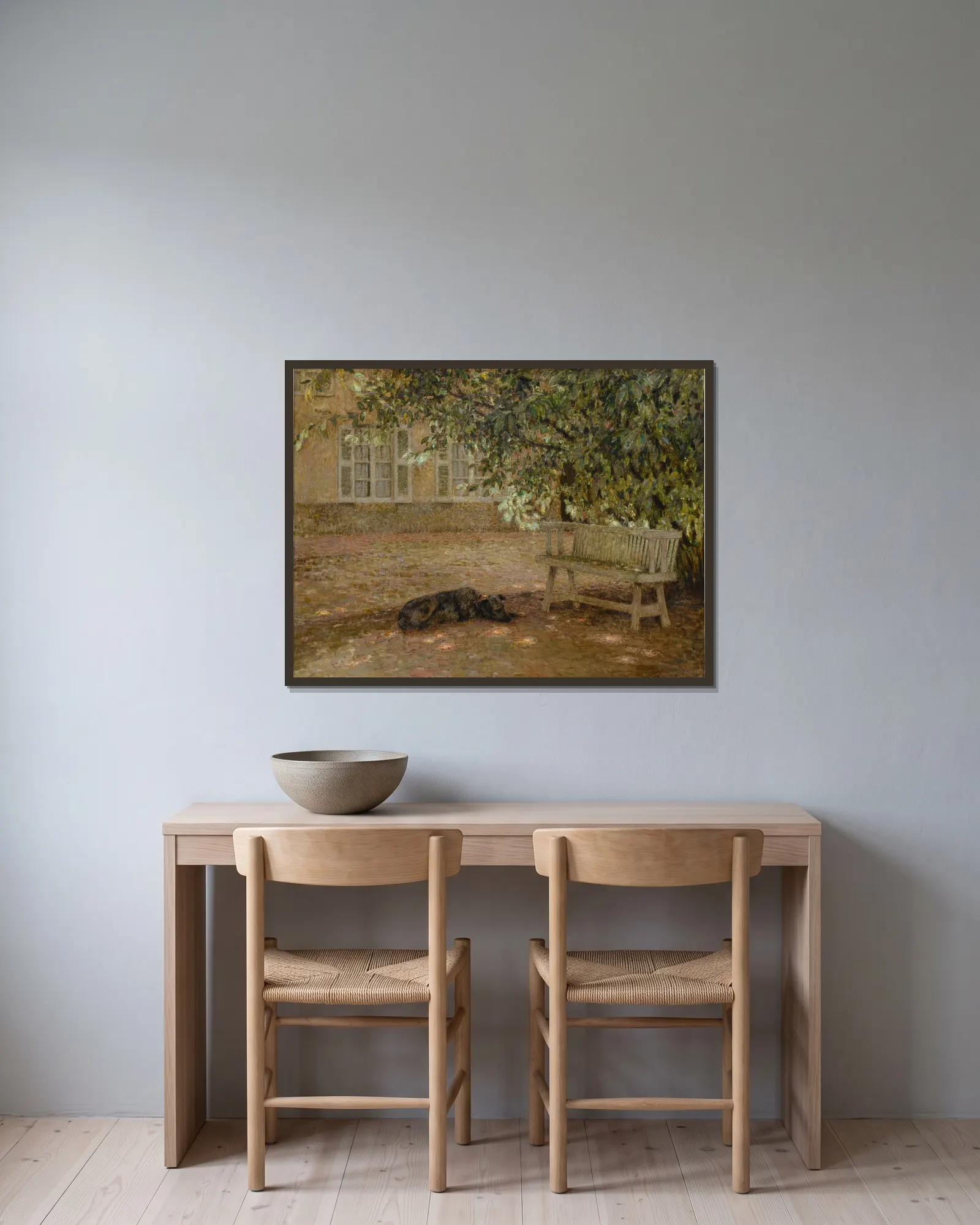 Le Banc, Gerberoy av Henri Le Sidaner inramad på en vägg