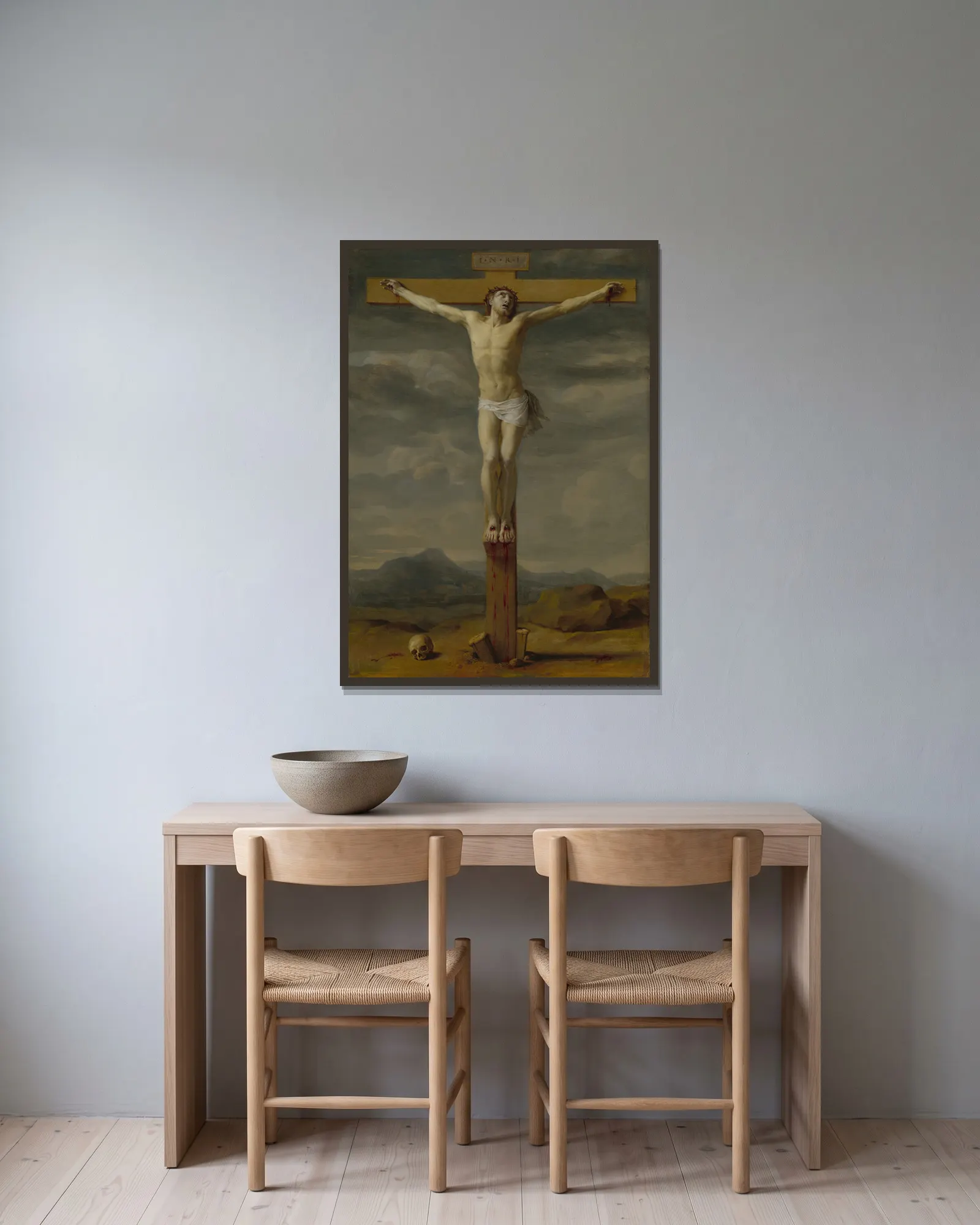 Crucifixion av Eustache Le Sueur inramad på en vägg