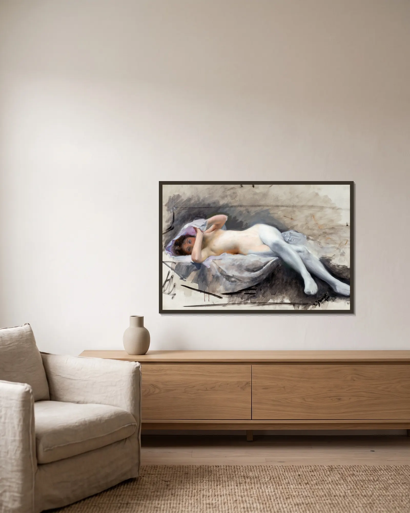 Reclining Nude av Julius Leblanc Stewart inramad på en vägg