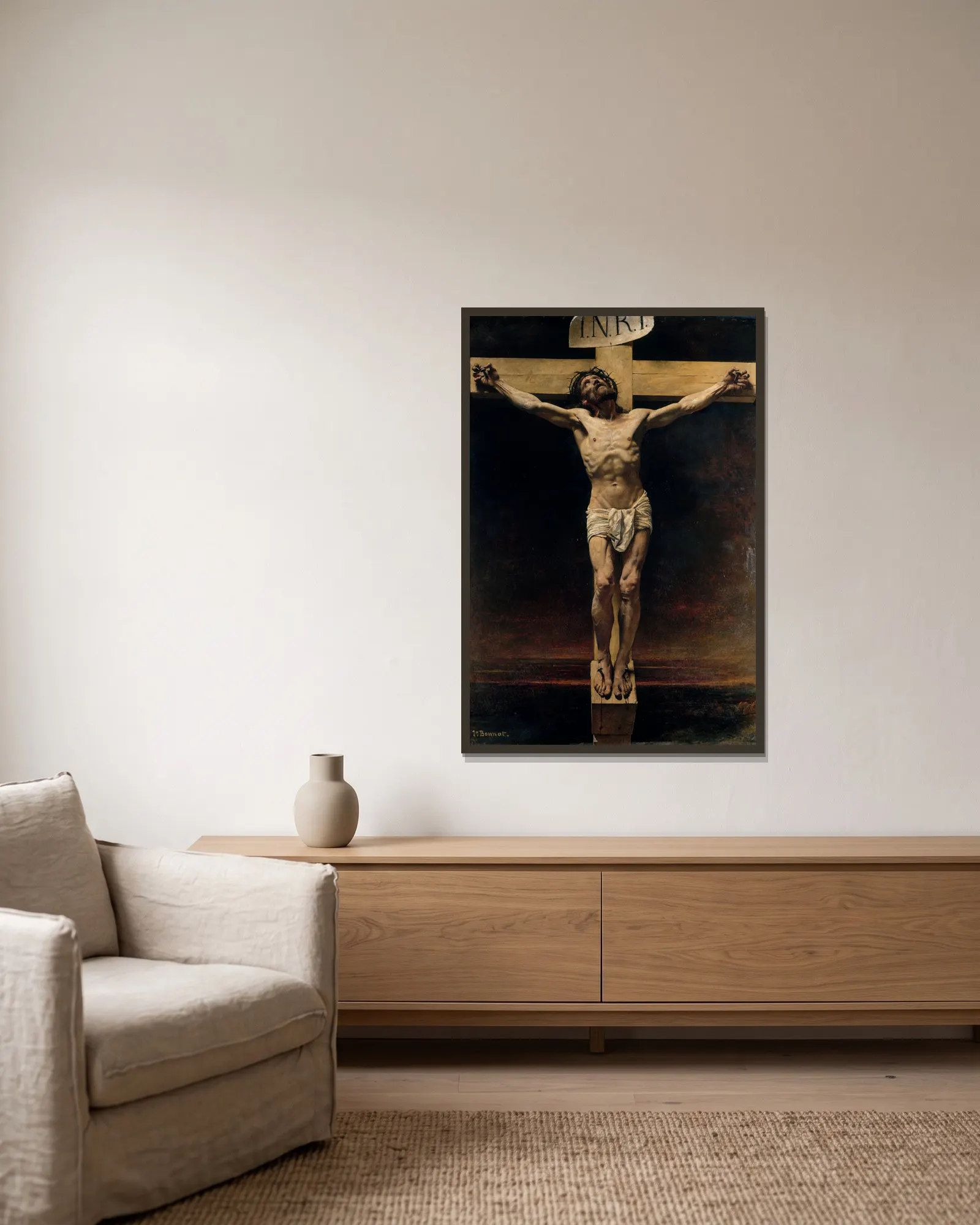 Le Christ en croix av Léon Bonnat inramad på en vägg