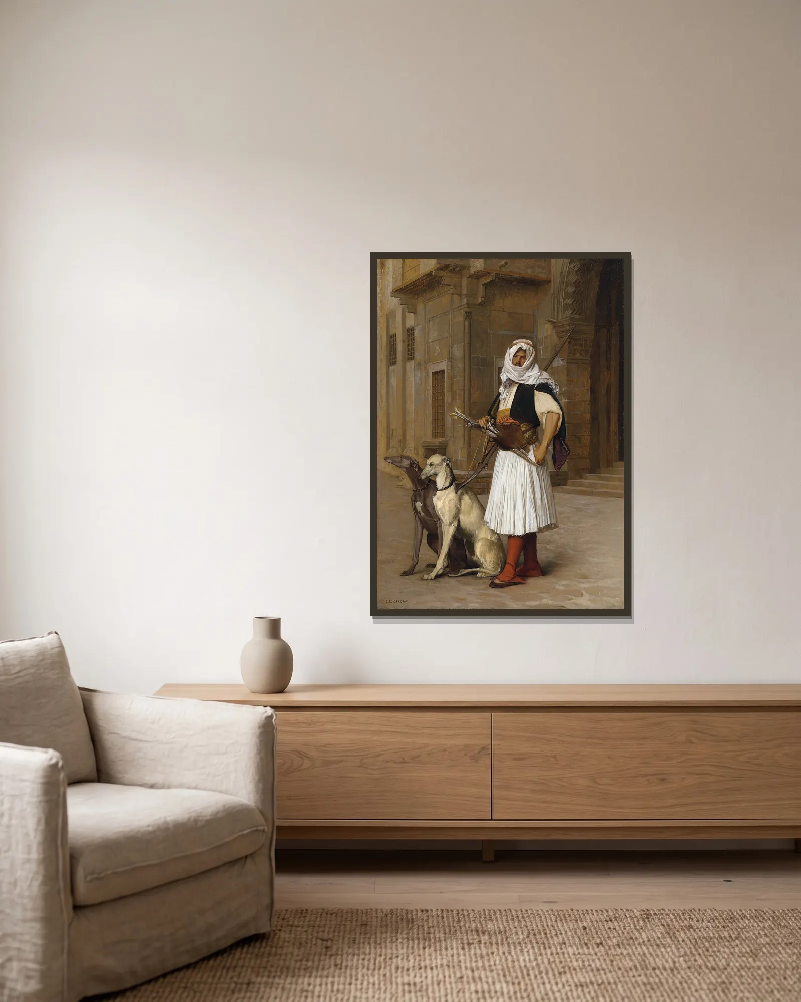 Arnaut and two Whippets av Jean-Léon Gérôme inramad på en vägg