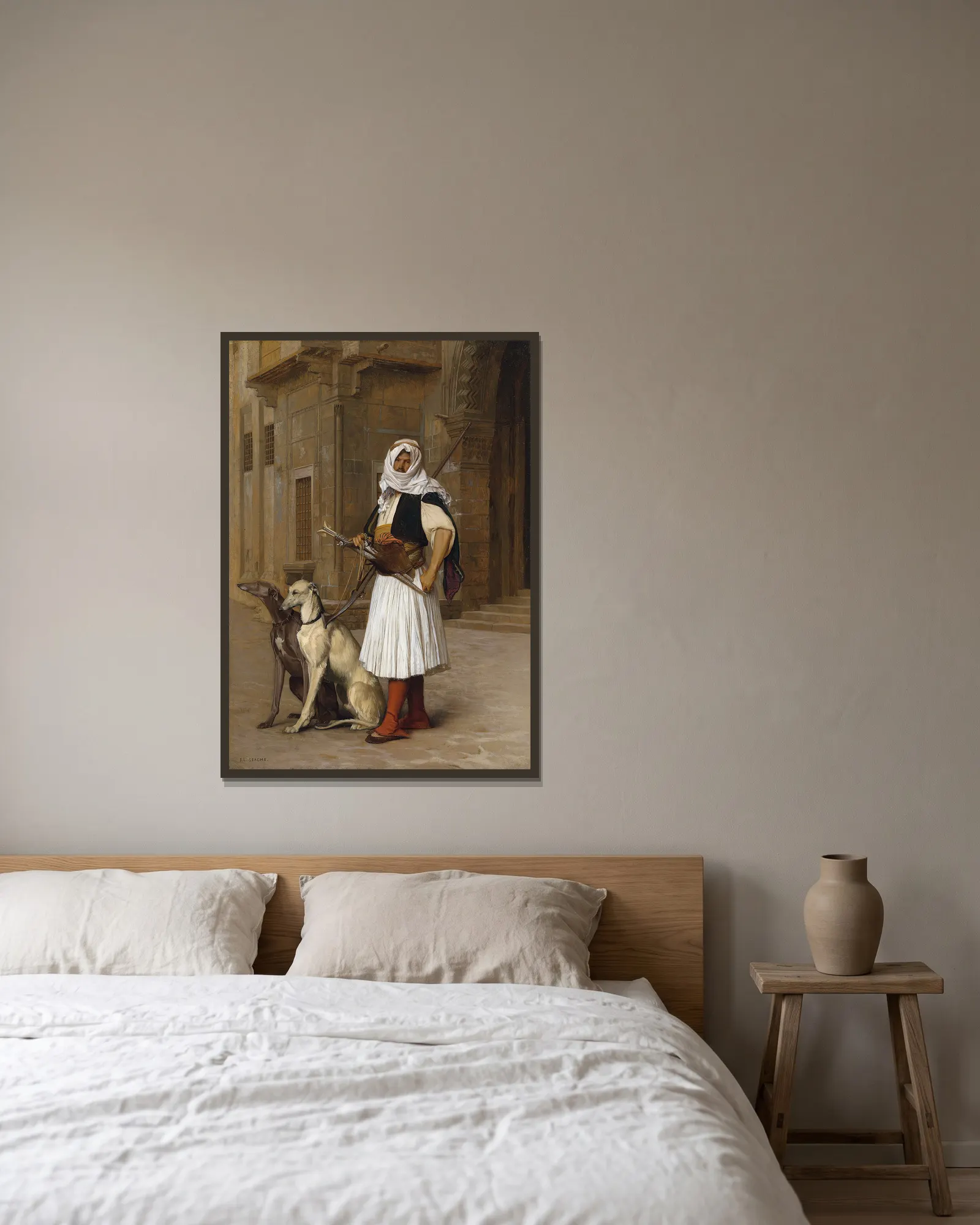 Arnaut and two Whippets av Jean-Léon Gérôme inramad på en vägg