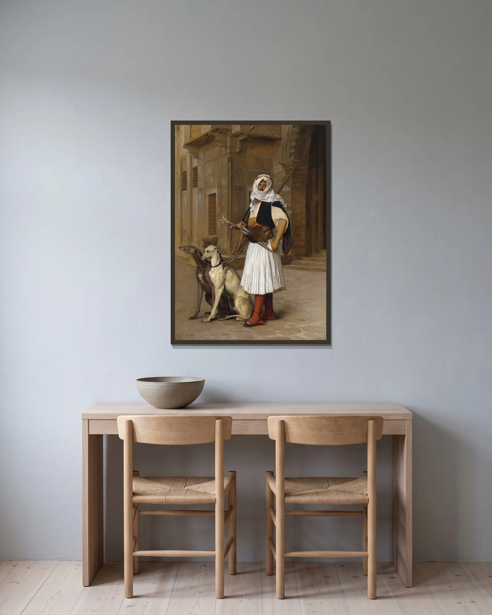 Arnaut and two Whippets av Jean-Léon Gérôme inramad på en vägg