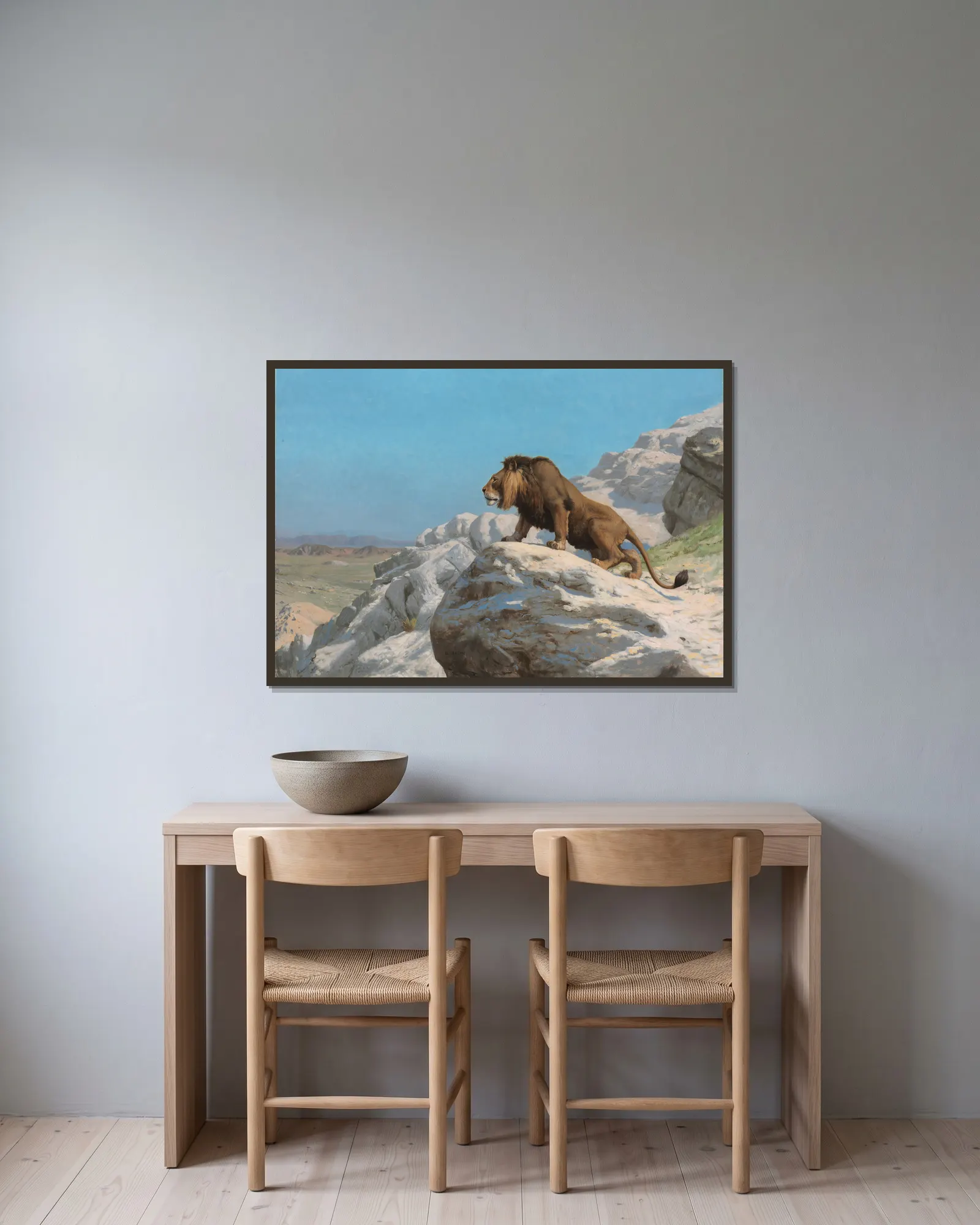 Lion on the Watch av Jean-Léon Gérôme inramad på en vägg