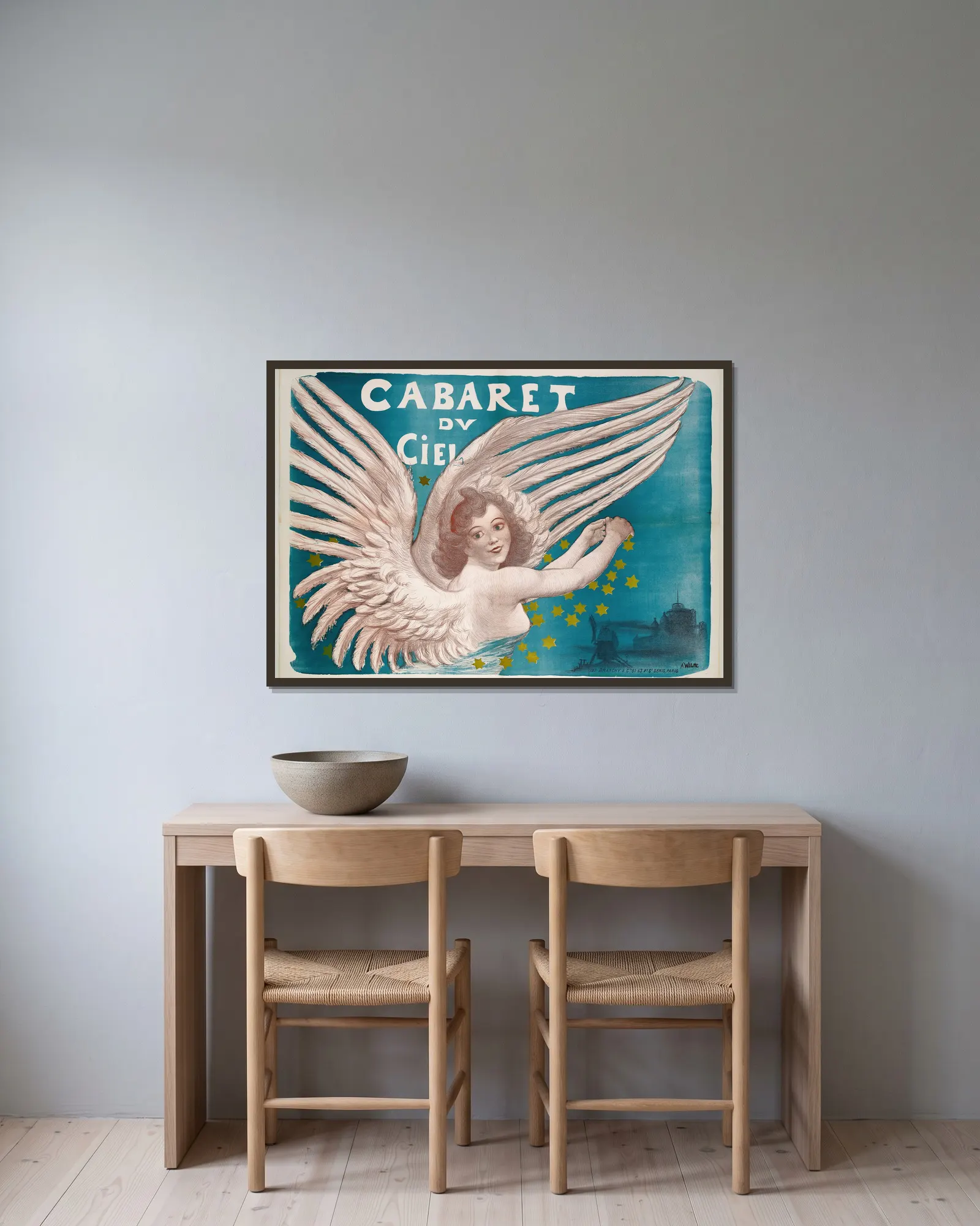 Cabaret Du Ciel av Adolphe Léon Willette inramad på en vägg