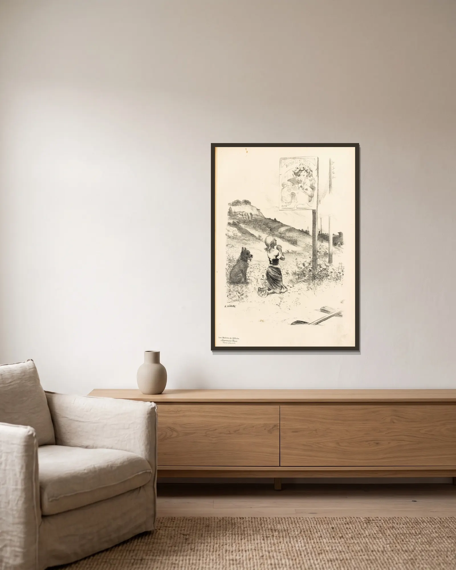 Dessin originel av Adolphe Léon Willette inramad på en vägg