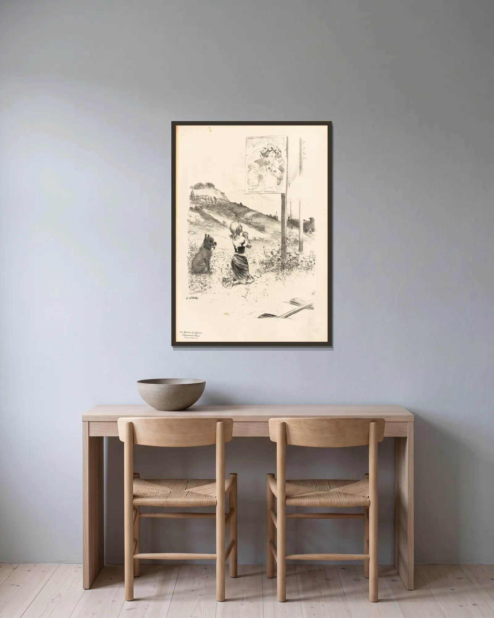 Dessin originel av Adolphe Léon Willette inramad på en vägg