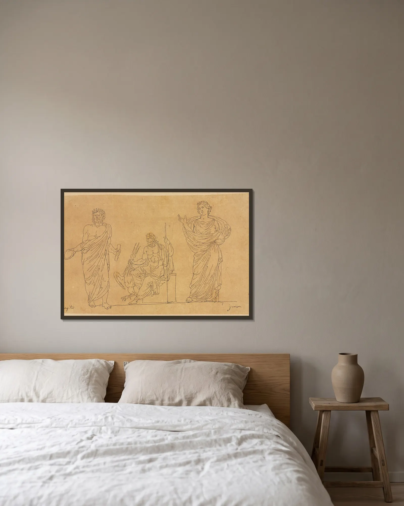 Gods and Goddess av Jacques Louis David inramad på en vägg