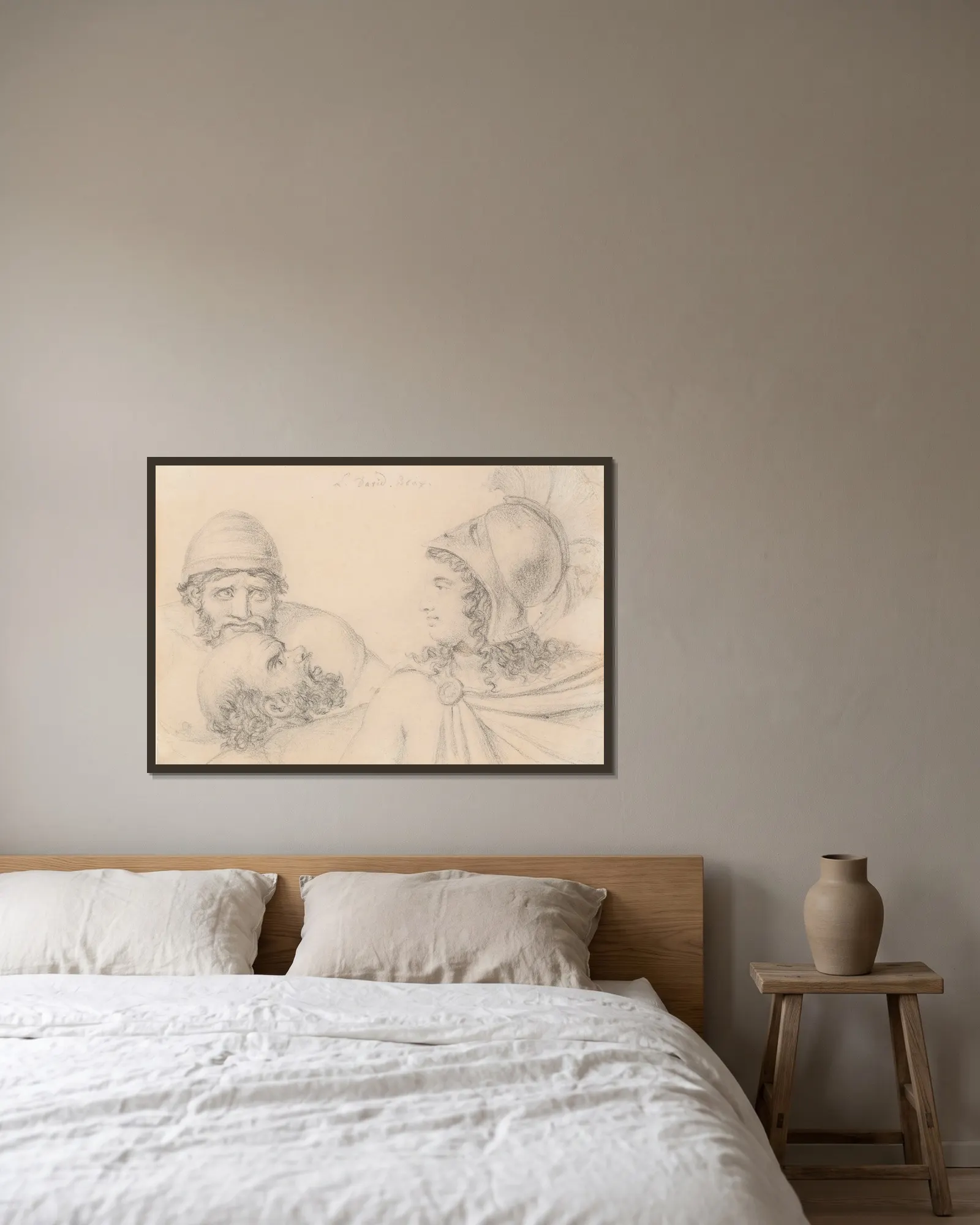 Helmeted Warrior with two bearded Men av Jacques Louis David inramad på en vägg