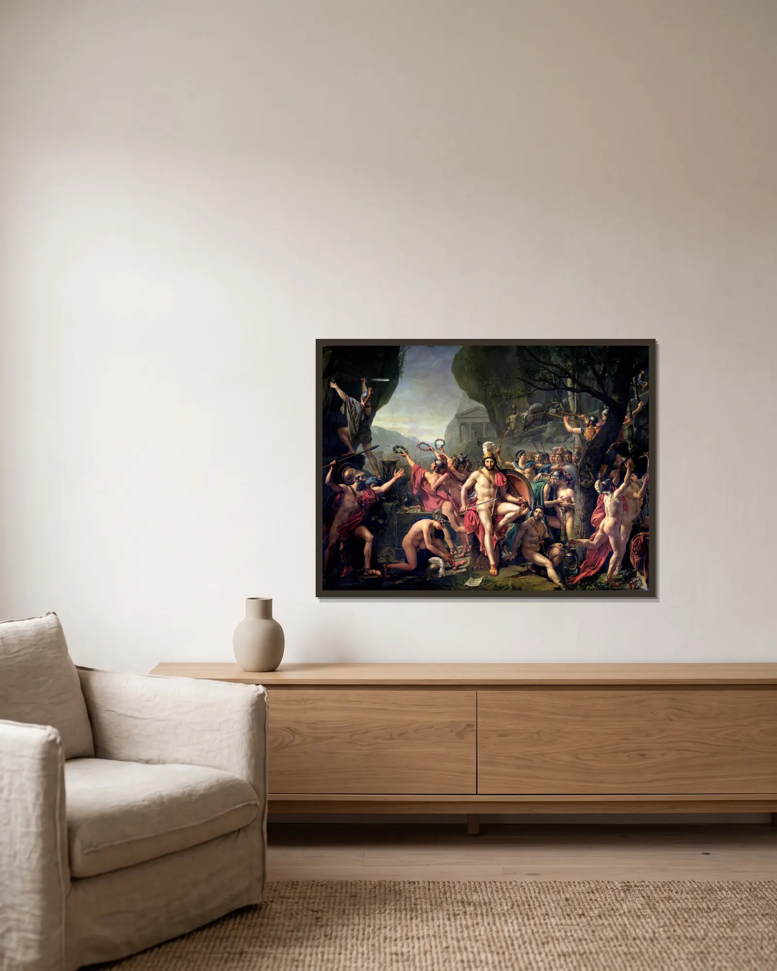 Leonidas At Thermopylae av Jacques Louis David inramad på en vägg