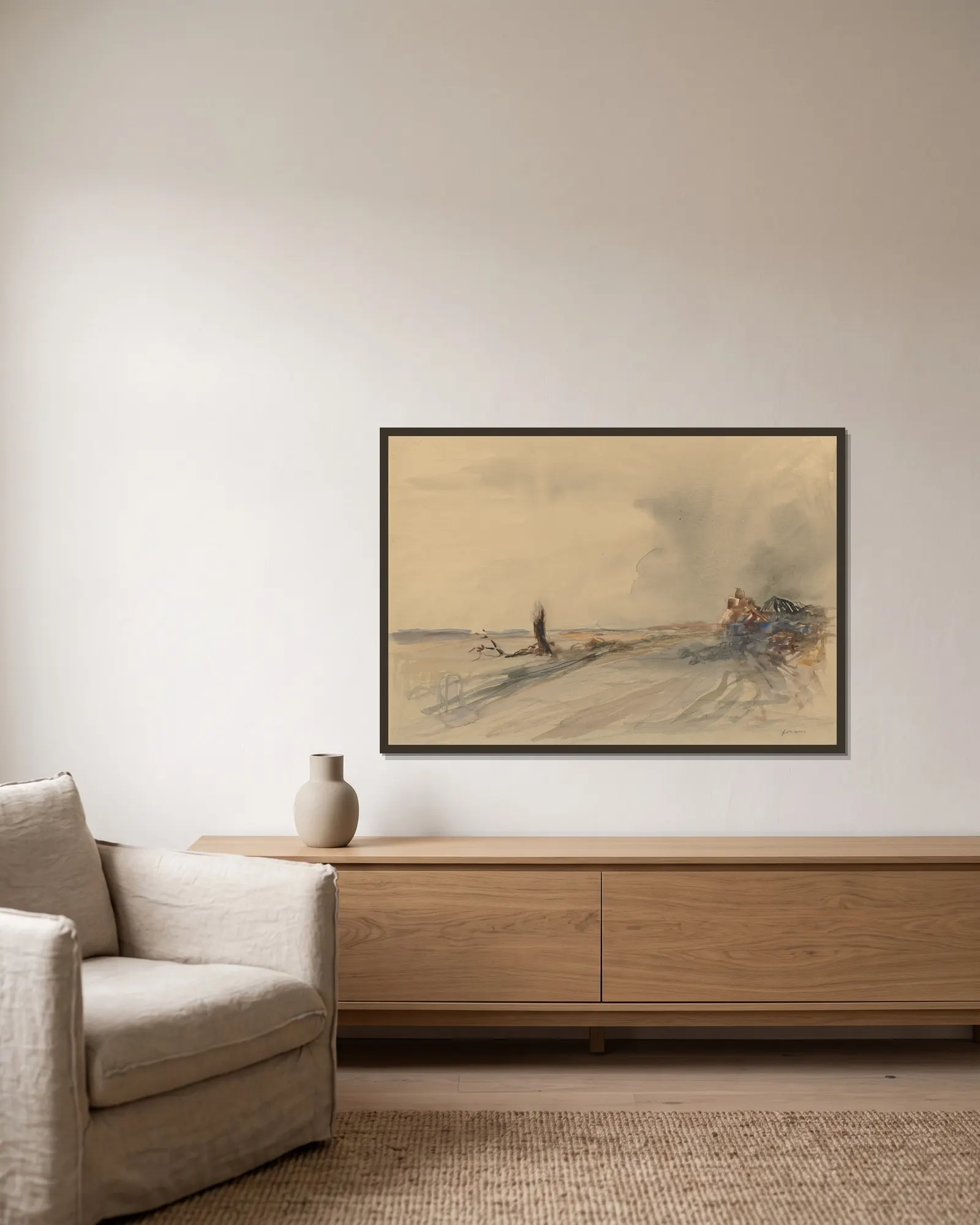 Devastated Land av Jean-Louis Forain inramad på en vägg
