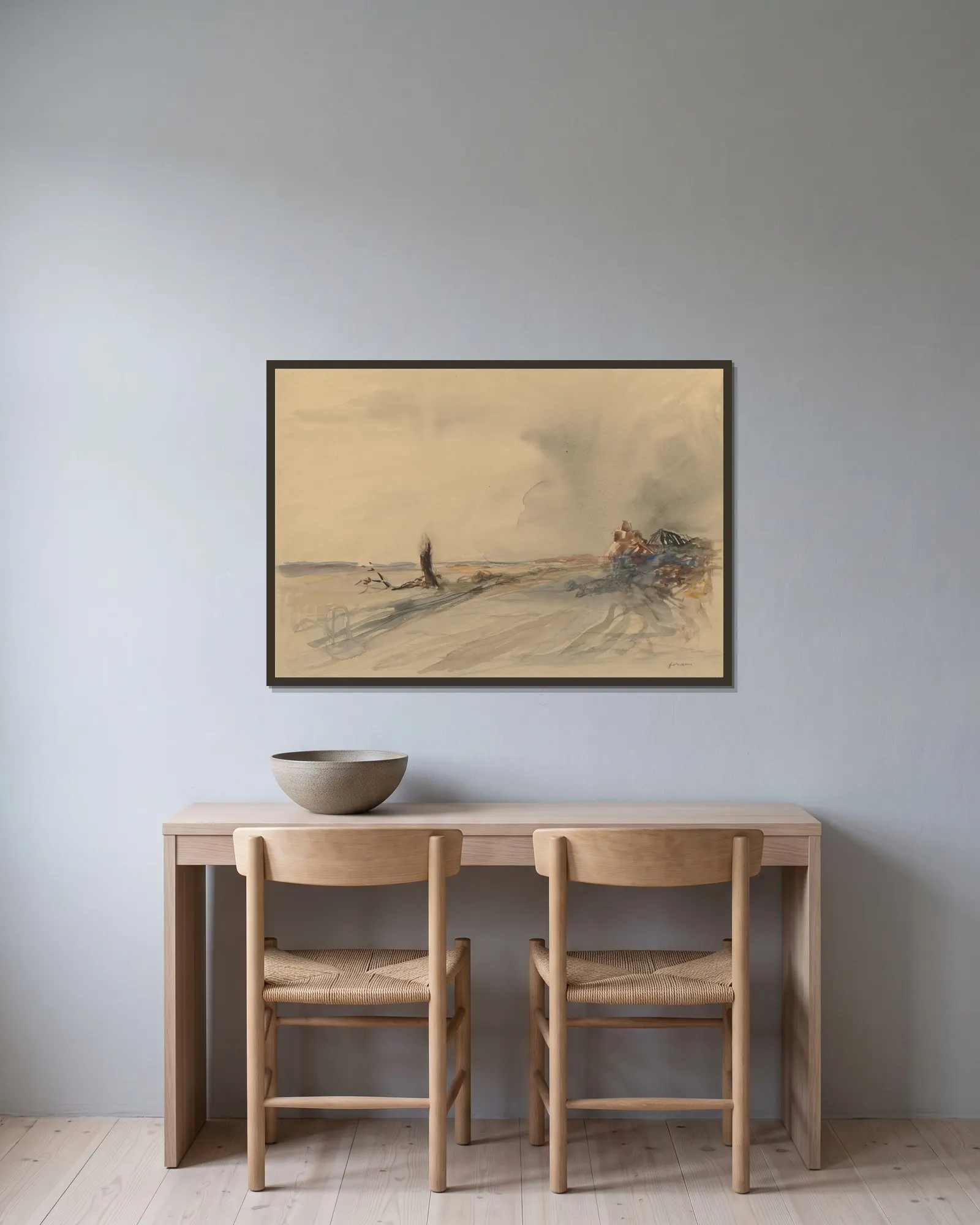 Devastated Land av Jean-Louis Forain inramad på en vägg