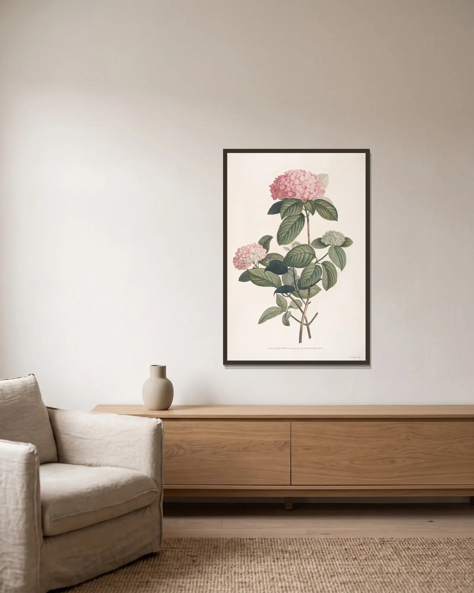 Rameau d’Hortensia av Jean Louis Prévost inramad på en vägg