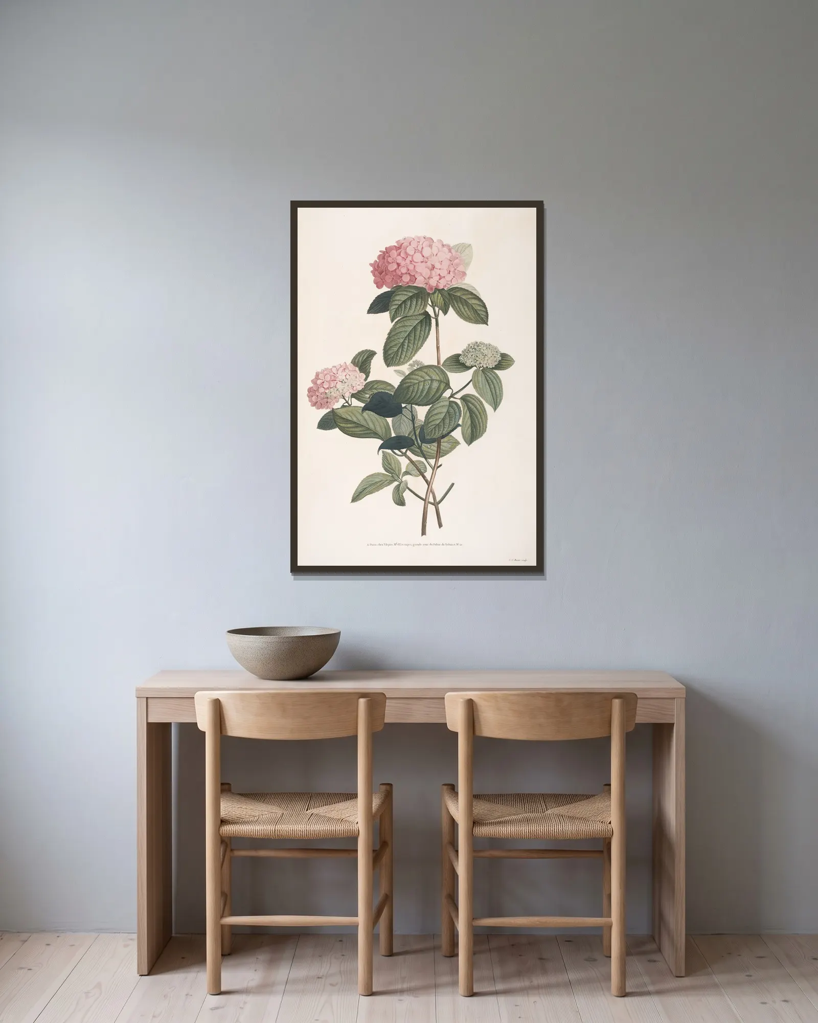 Rameau d’Hortensia av Jean Louis Prévost inramad på en vägg