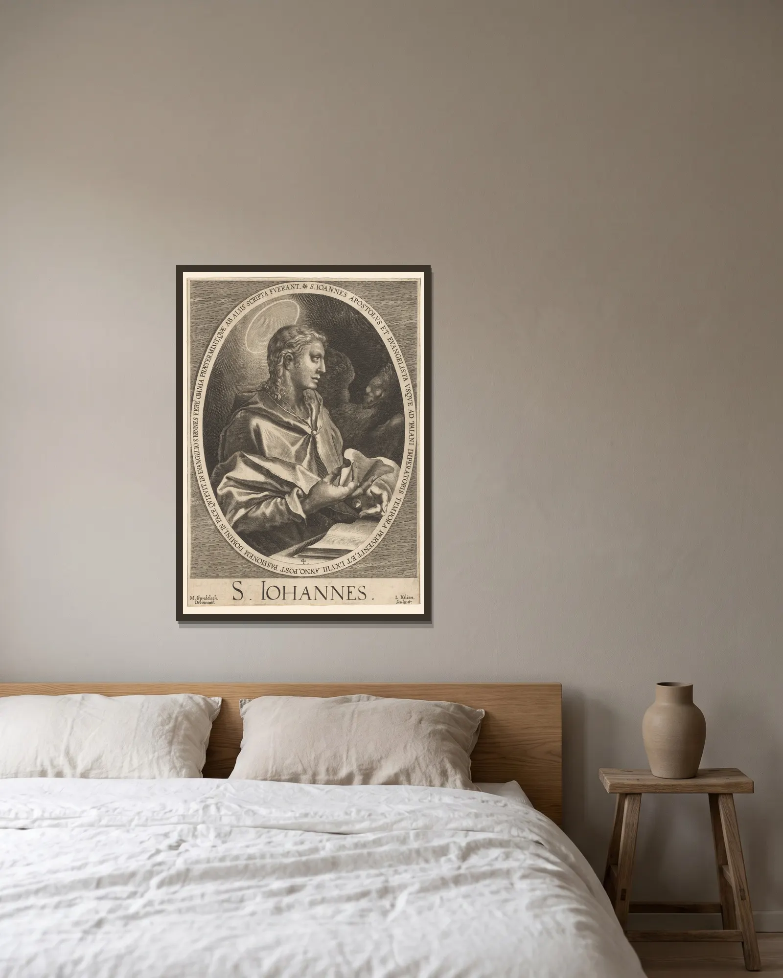 St. John av Lucas Kilian inramad på en vägg