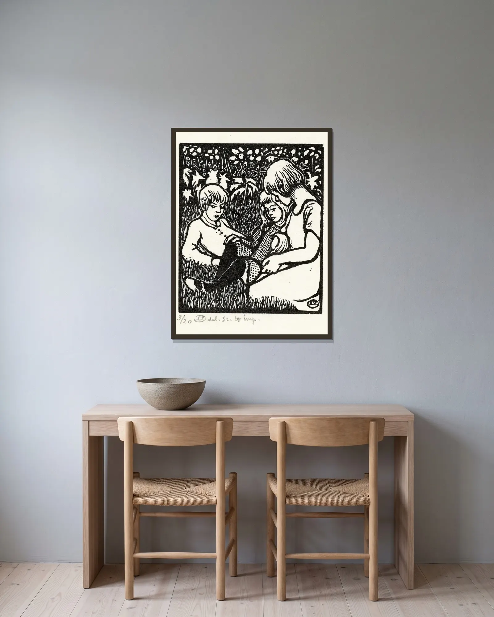 Drie kinderen av Lucien Pissarro inramad på en vägg