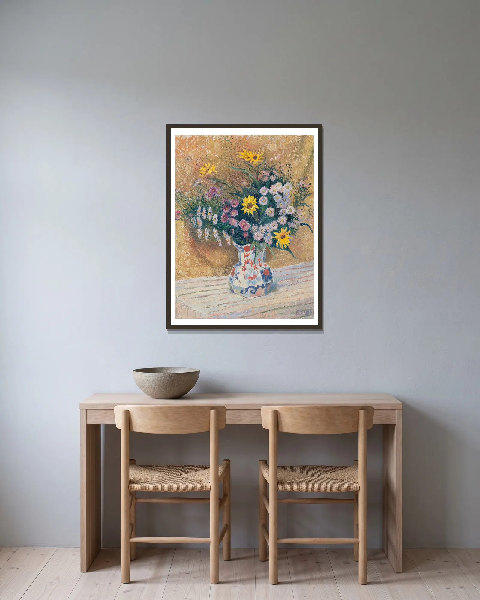 Michaelmas Daisies av Lucien Pissarro inramad på en vägg