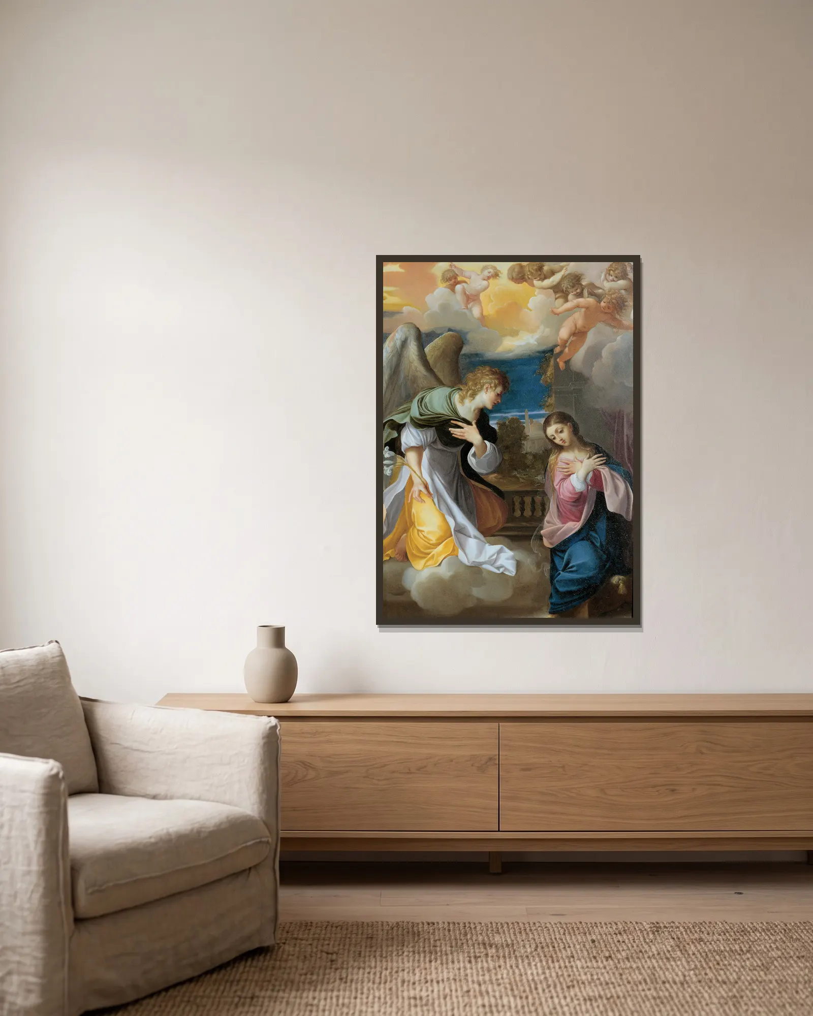 Annunciation av Ludovico Carracci inramad på en vägg
