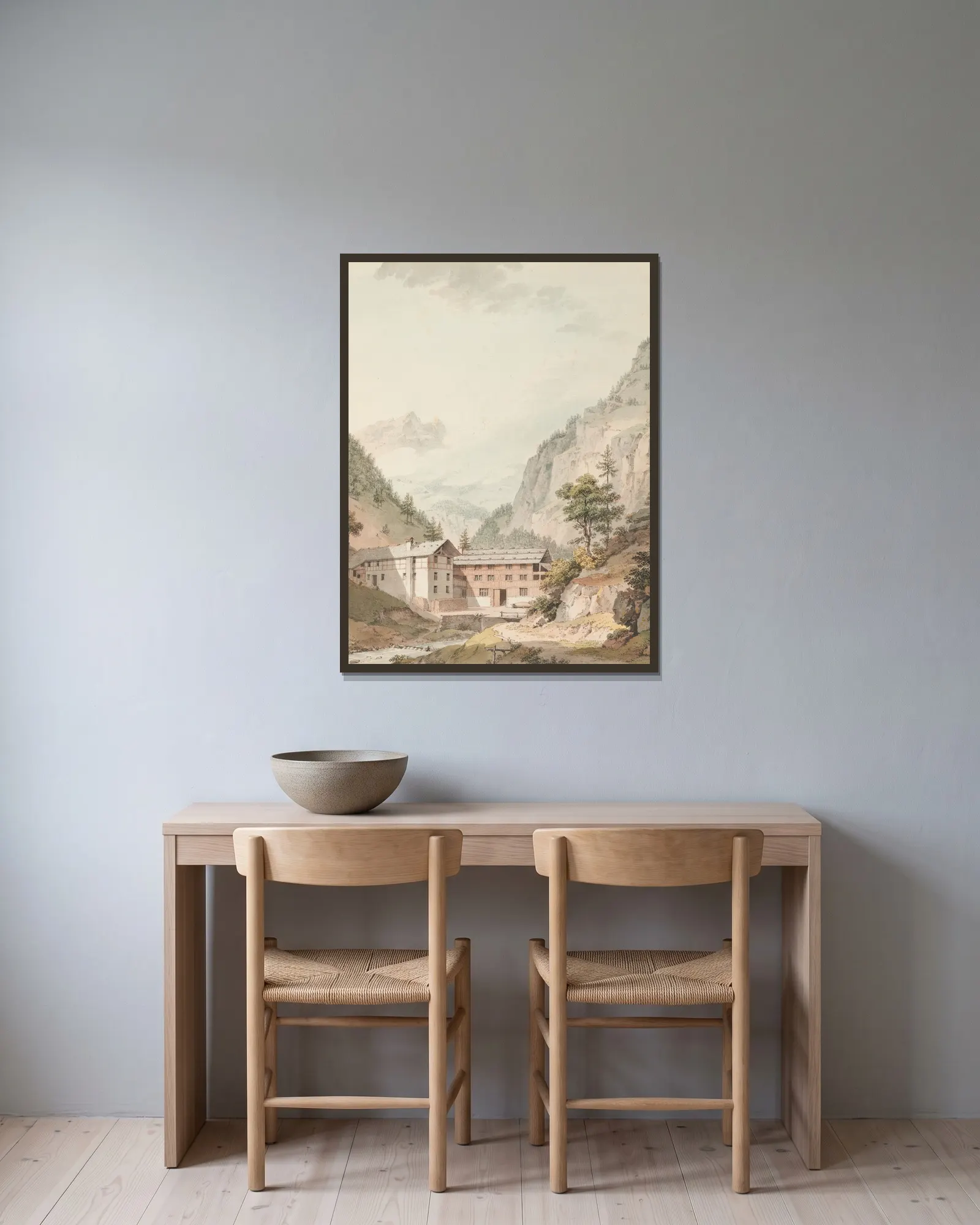 Bad Weissenburg av Johann Ludwig Aberli inramad på en vägg