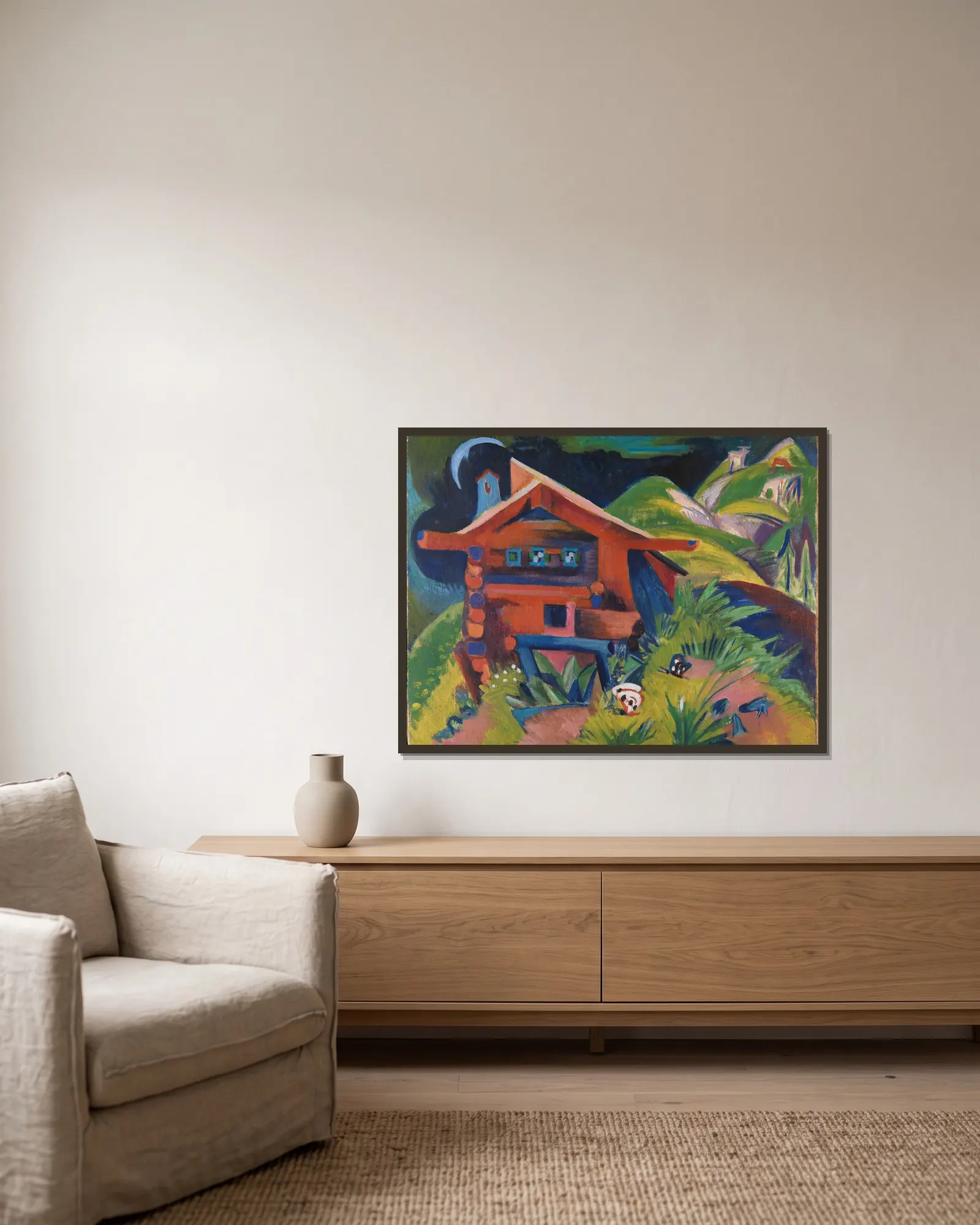 Alphütte av Ernst Ludwig Kirchner inramad på en vägg