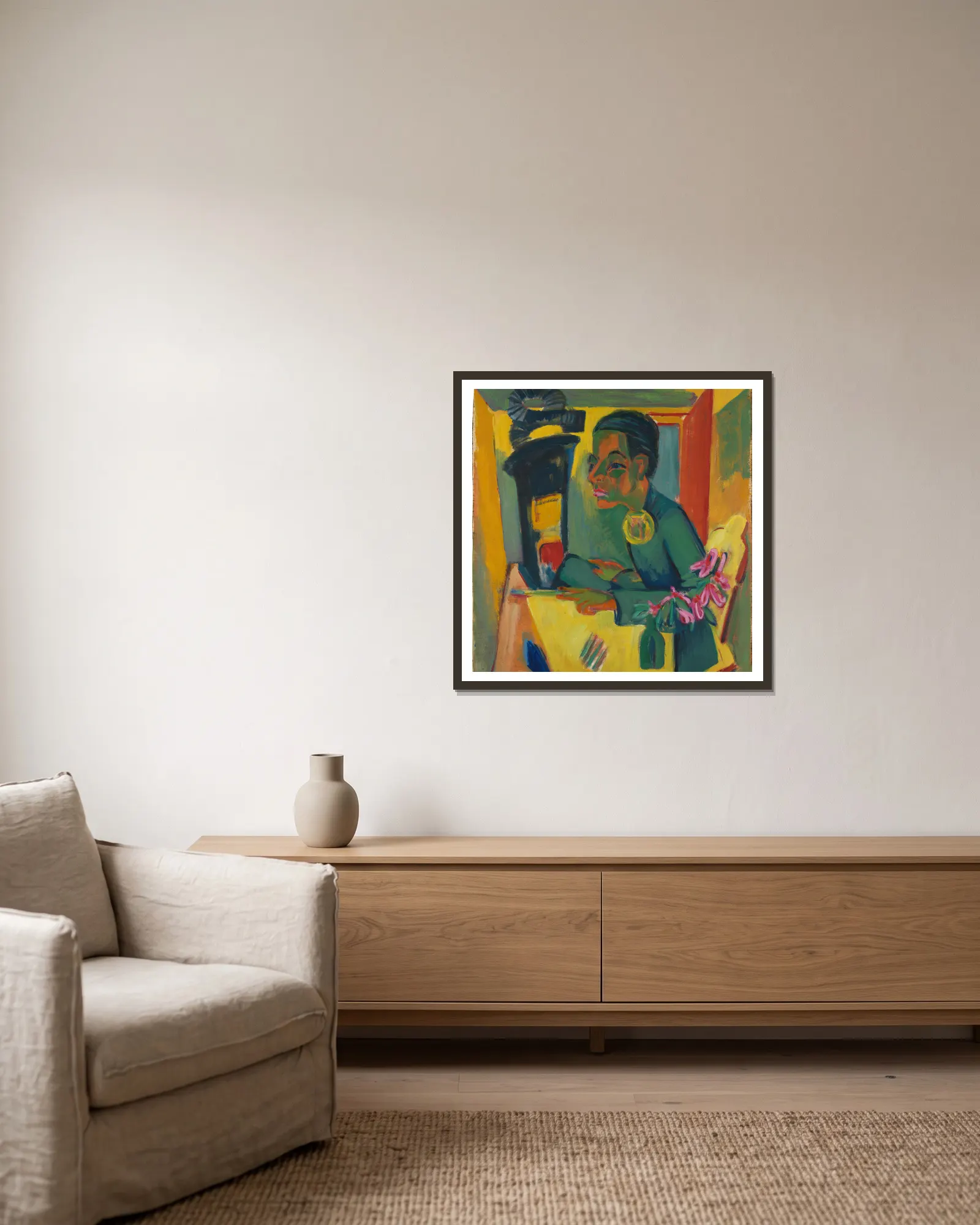 Der Maler (Selbstbildnis) av Ernst Ludwig Kirchner inramad på en vägg