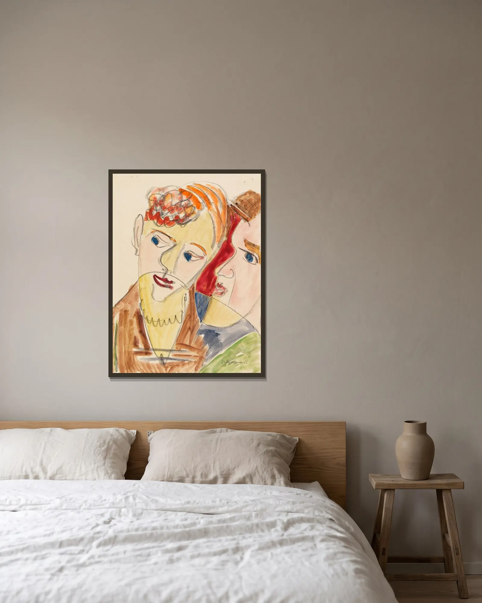 Die Hembusse (Liebespaar H.) av Ernst Ludwig Kirchner inramad på en vägg
