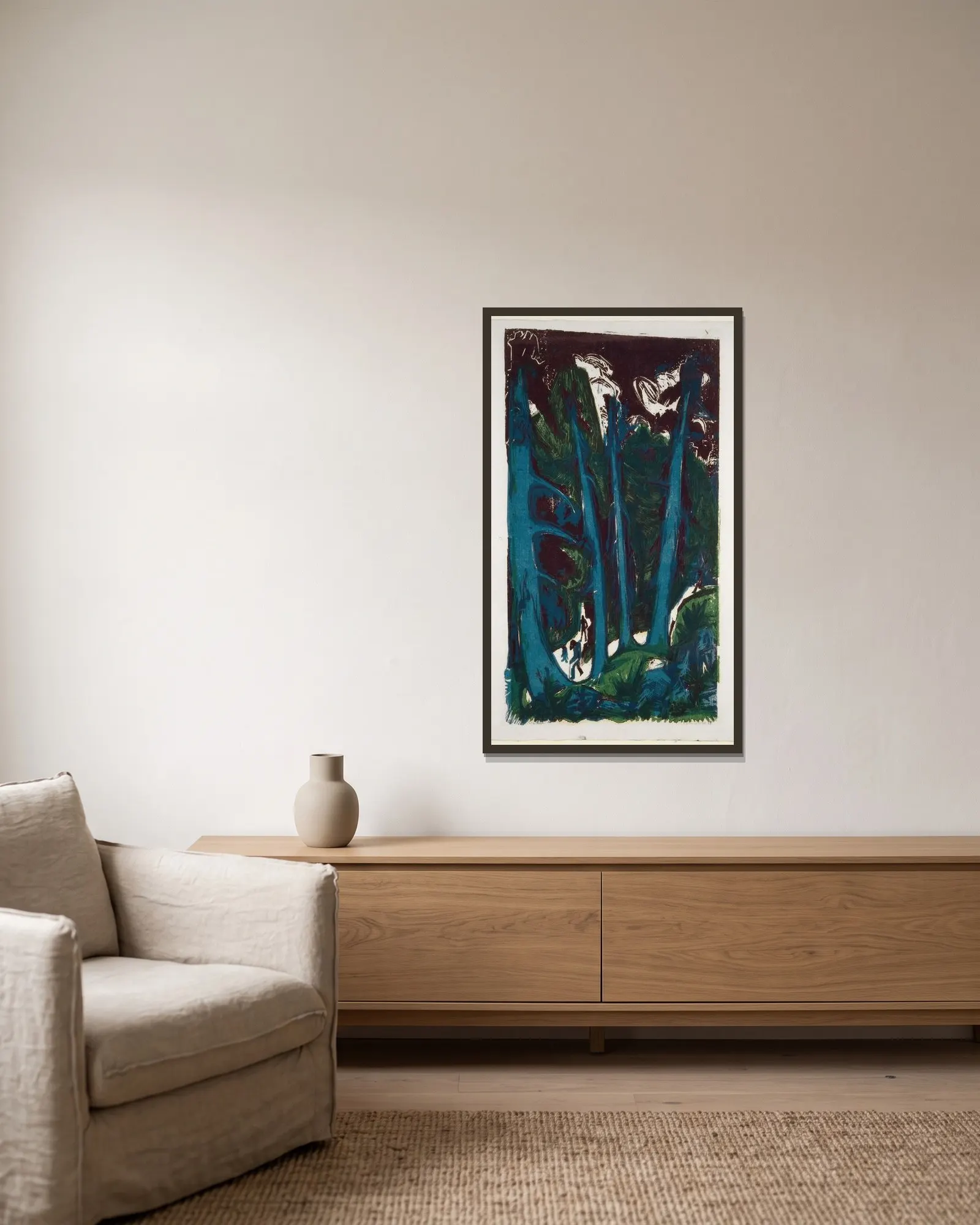 Fir Trees av Ernst Ludwig Kirchner inramad på en vägg