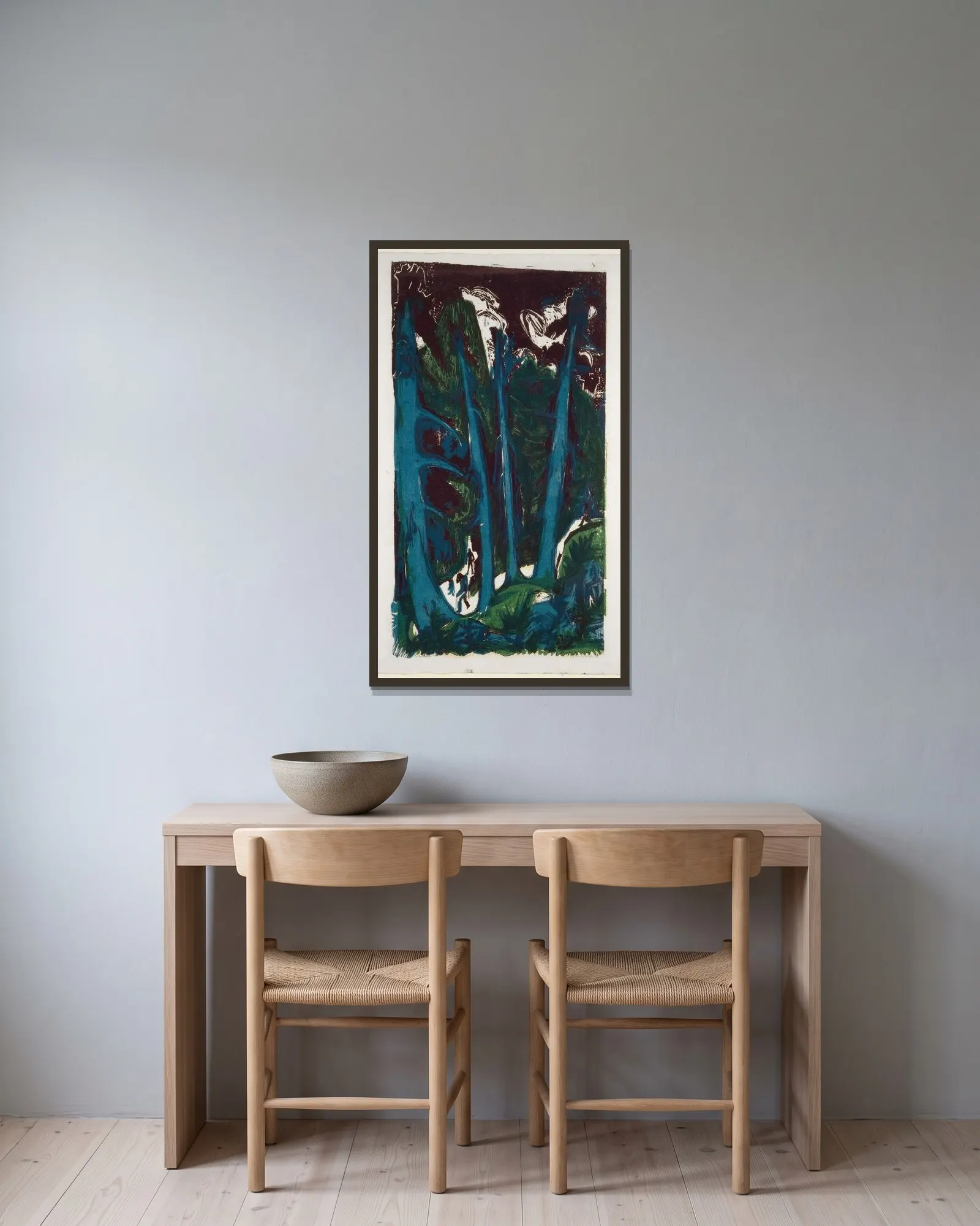 Fir Trees av Ernst Ludwig Kirchner inramad på en vägg