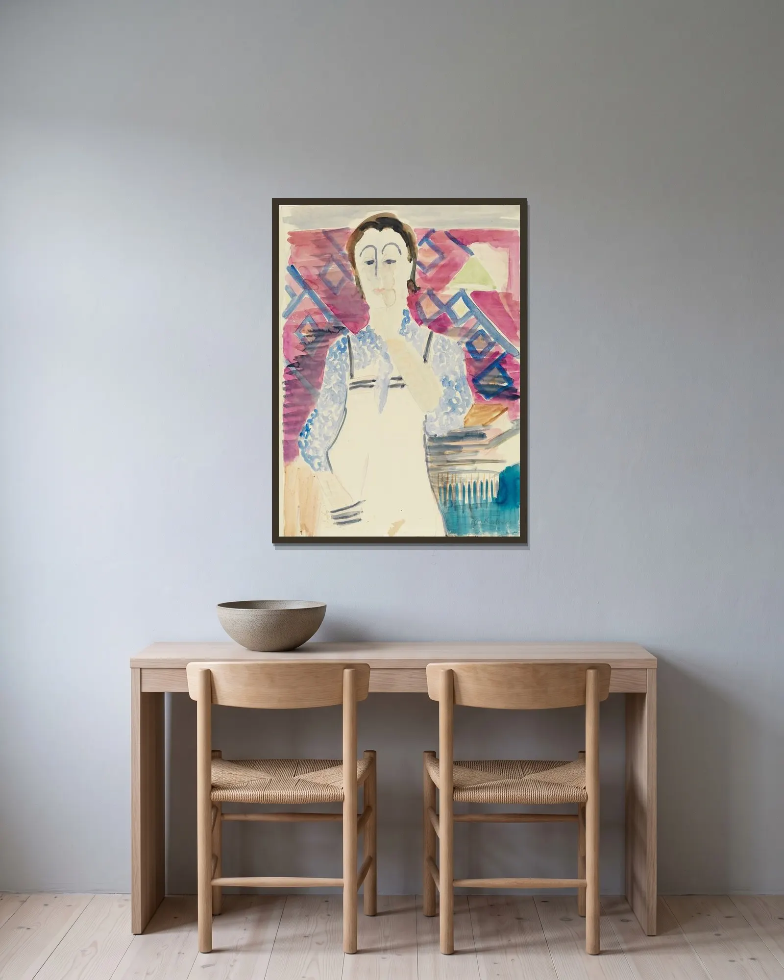 Frau mit Schürze (Erna Kirchner) av Ernst Ludwig Kirchner inramad på en vägg
