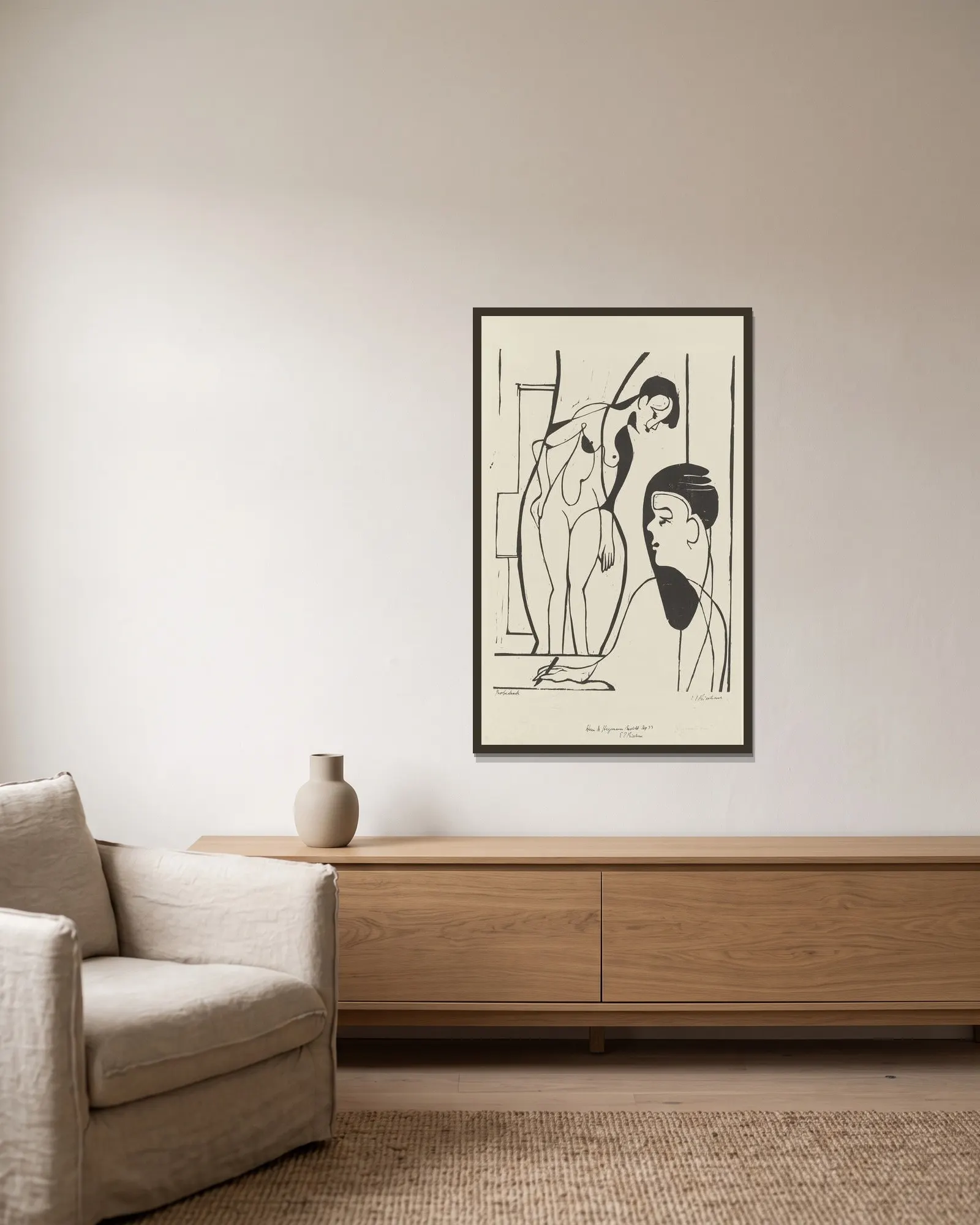 Künstler und Modell av Ernst Ludwig Kirchner inramad på en vägg