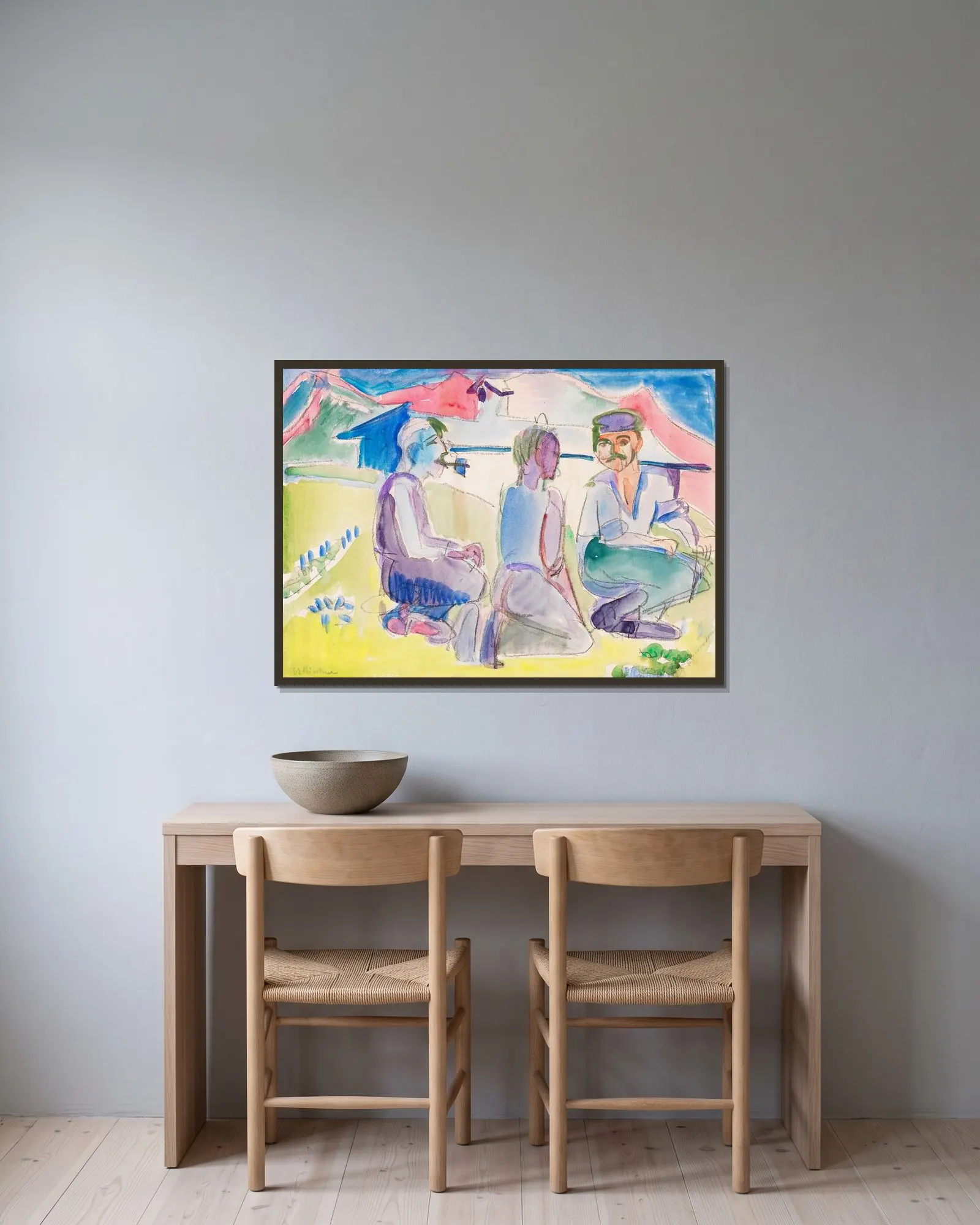 Sitzende Bauern (Lagernde Bauern) av Ernst Ludwig Kirchner inramad på en vägg