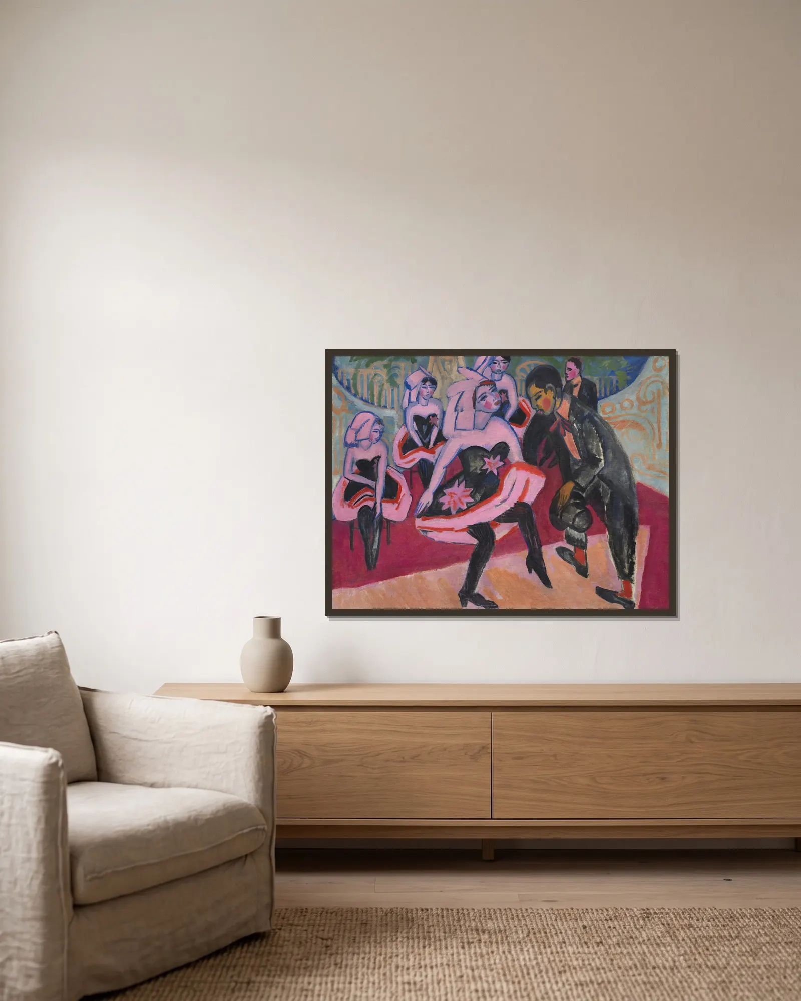 Tanz im Varieté av Ernst Ludwig Kirchner inramad på en vägg