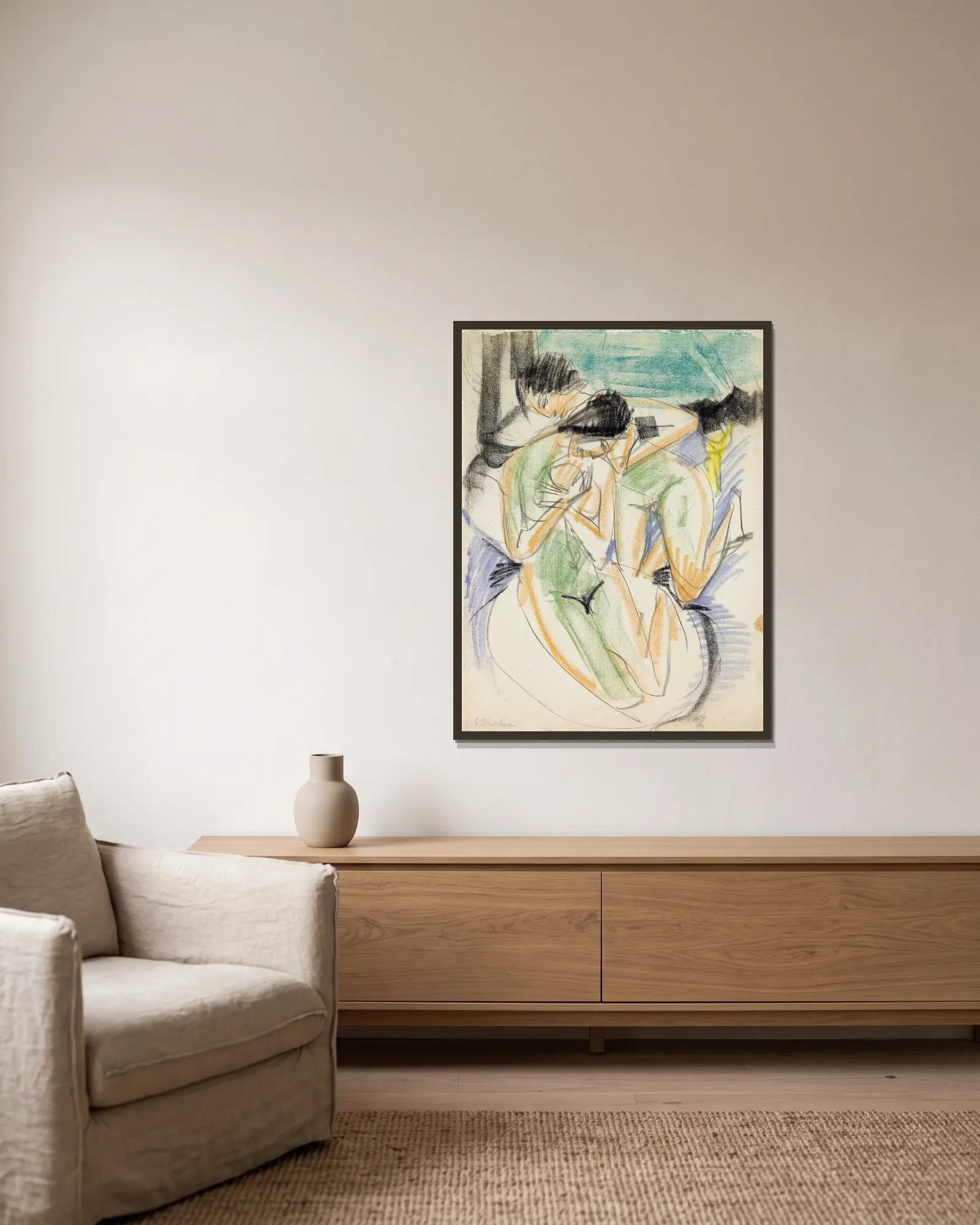 Two Nudes av Ernst Ludwig Kirchner inramad på en vägg