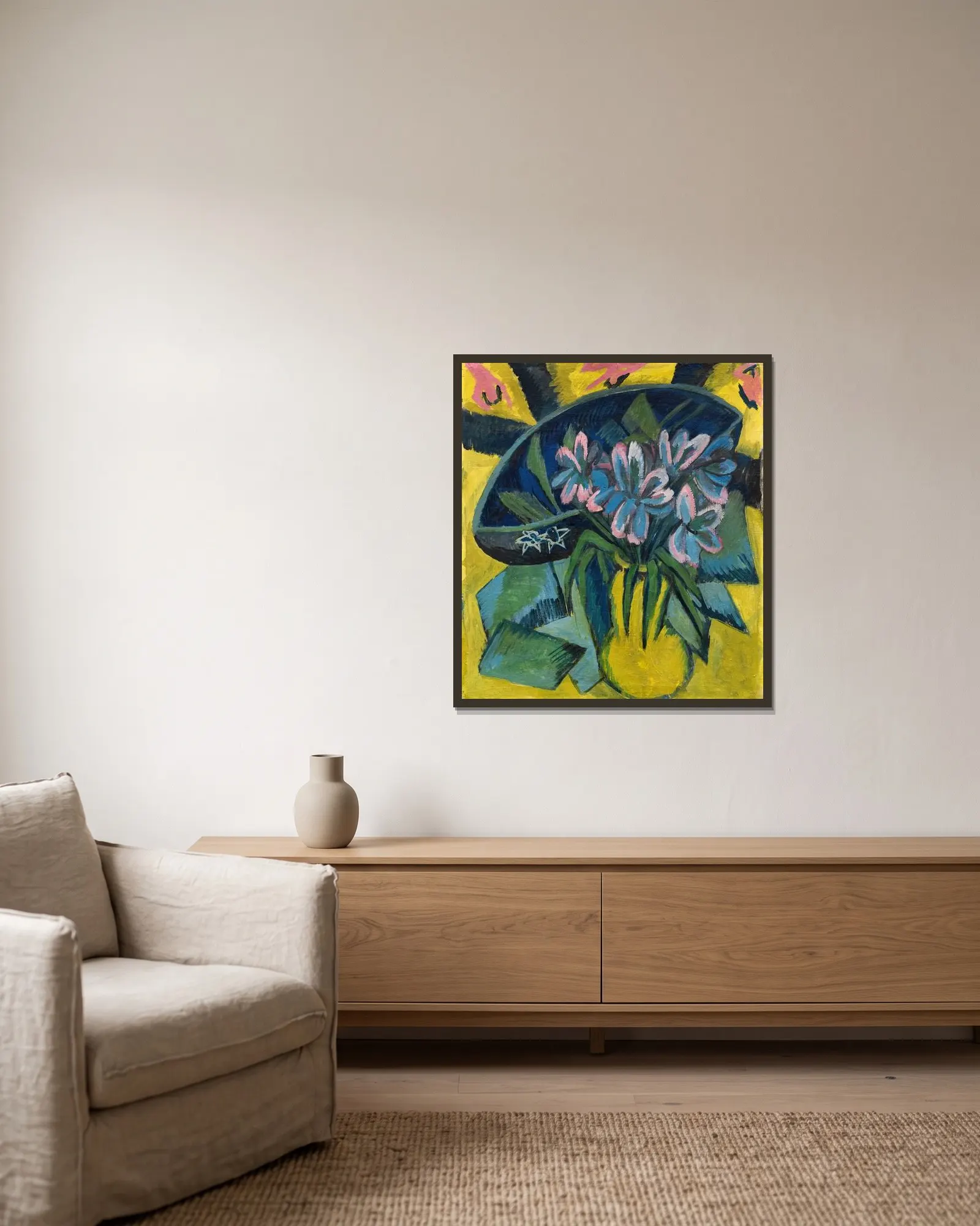 Verblühte Tulpen av Ernst Ludwig Kirchner inramad på en vägg
