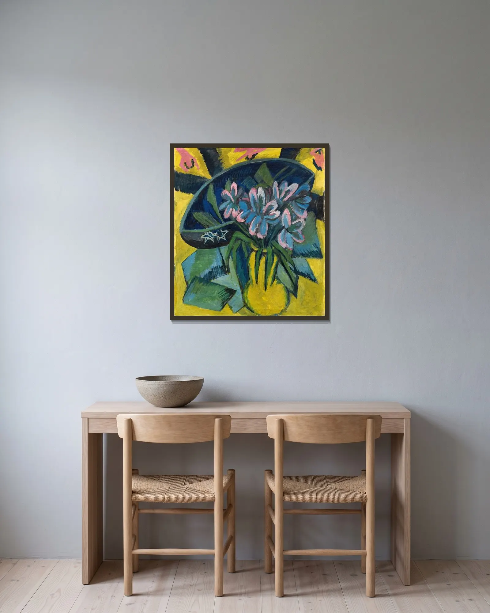 Verblühte Tulpen av Ernst Ludwig Kirchner inramad på en vägg