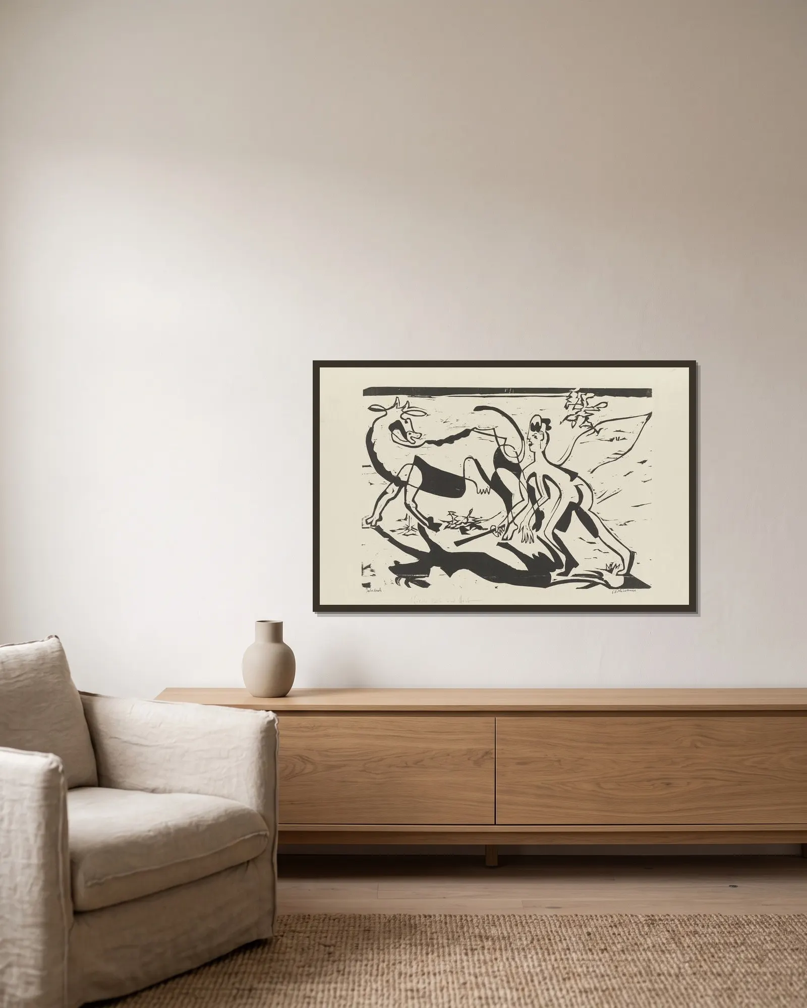 Wilde Kuh und Hirt av Ernst Ludwig Kirchner inramad på en vägg
