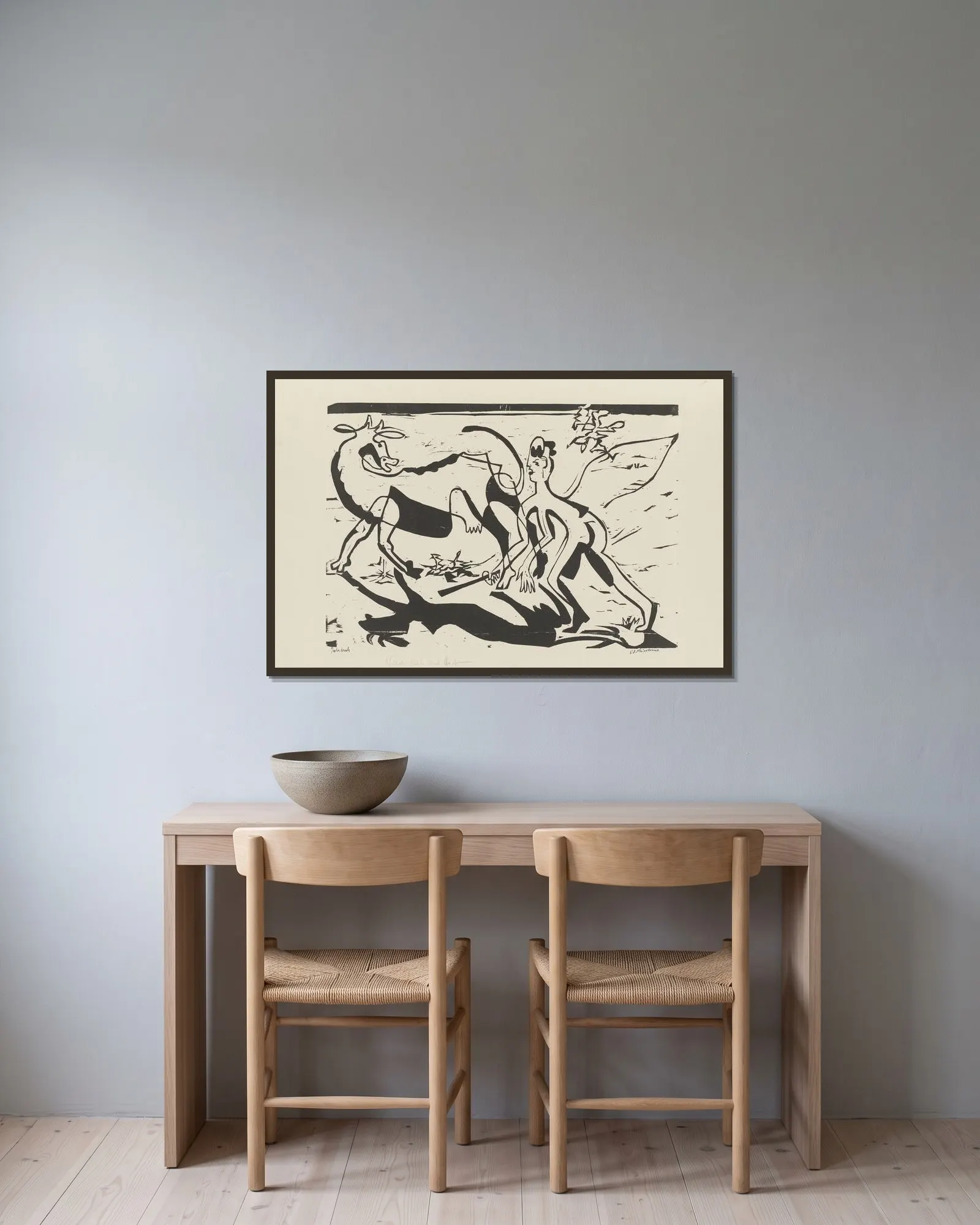 Wilde Kuh und Hirt av Ernst Ludwig Kirchner inramad på en vägg