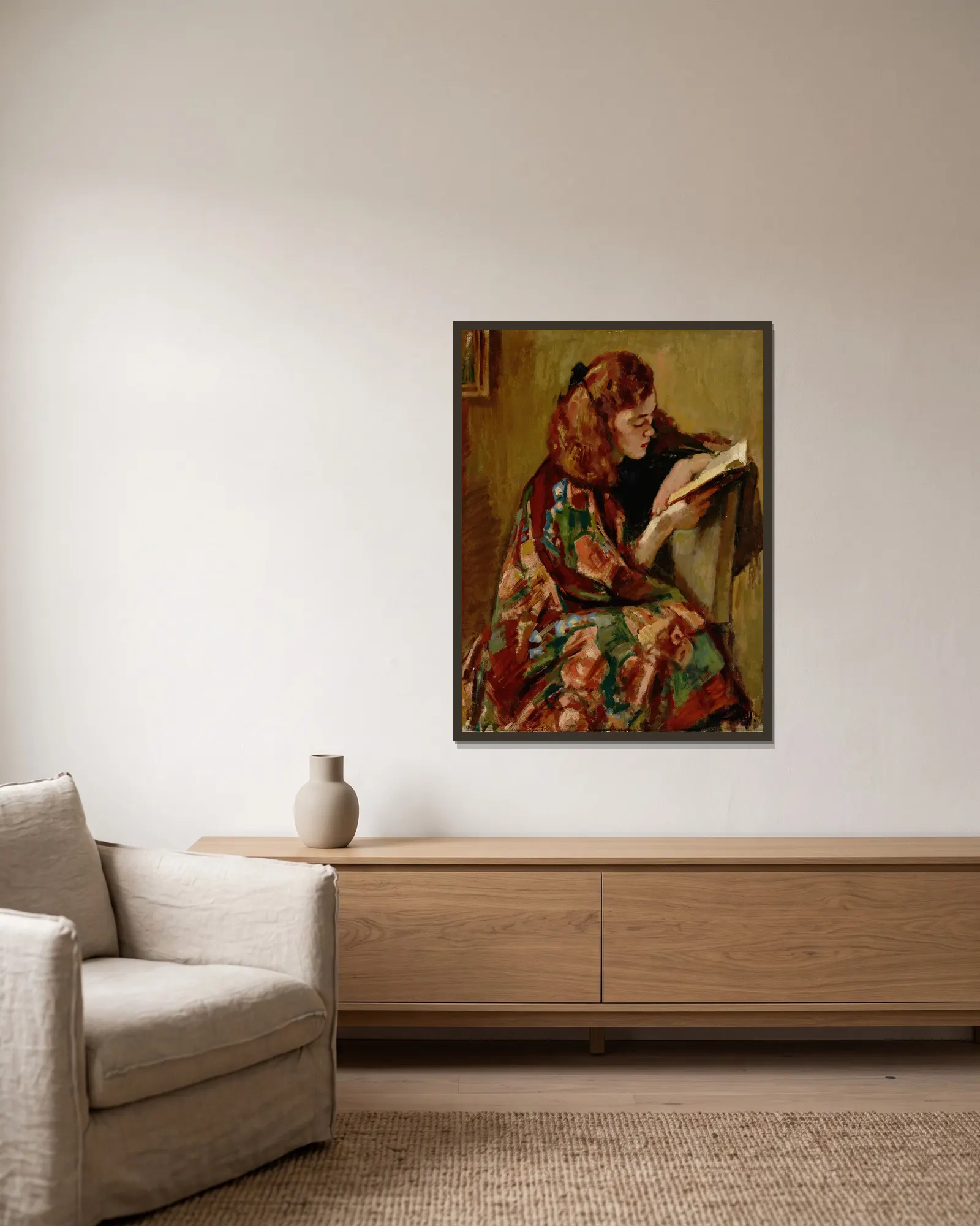 Girl Reading av Magnus Enckell inramad på en vägg
