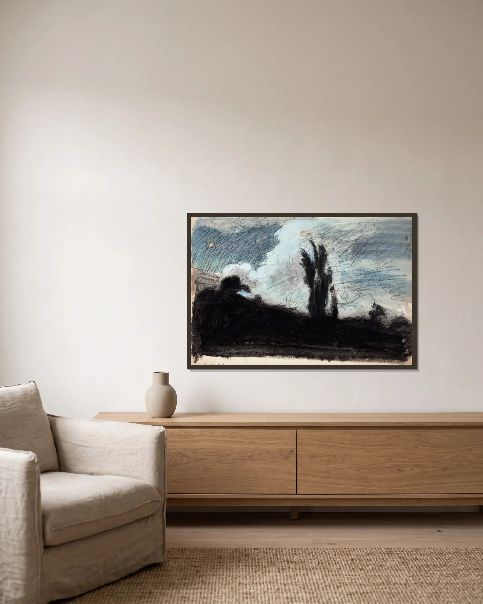 Öinen maisema av Magnus Enckell inramad på en vägg