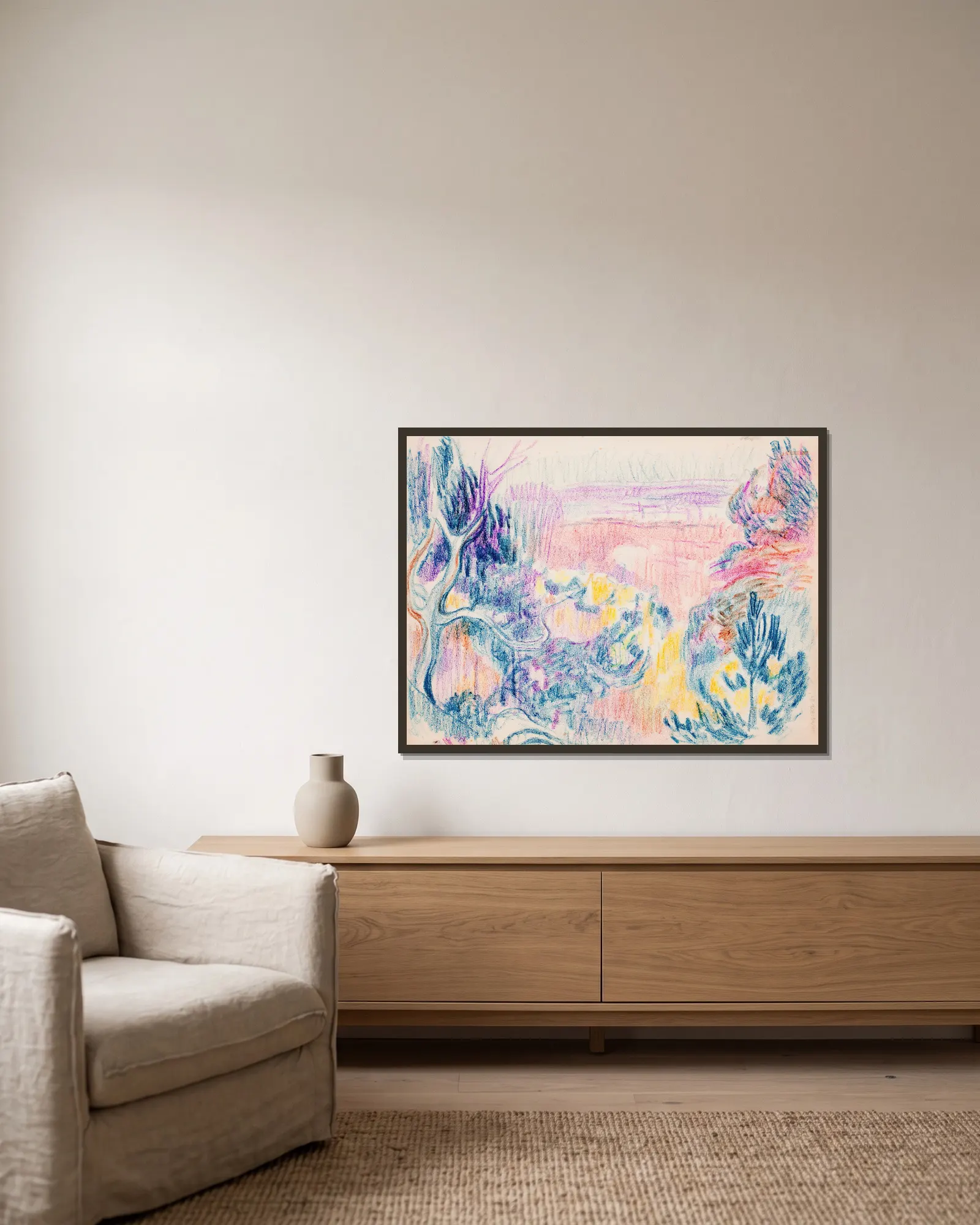 Rantamaisema av Magnus Enckell inramad på en vägg