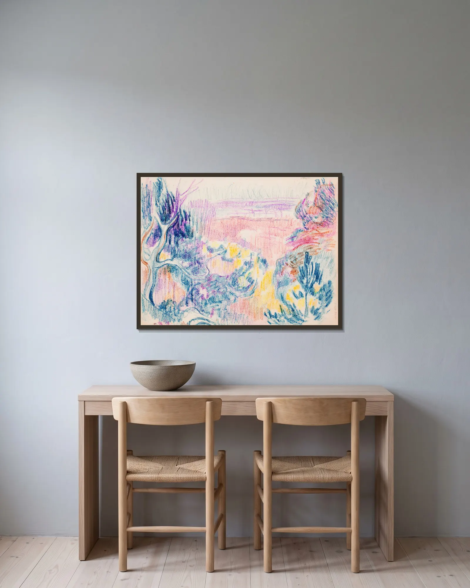 Rantamaisema av Magnus Enckell inramad på en vägg