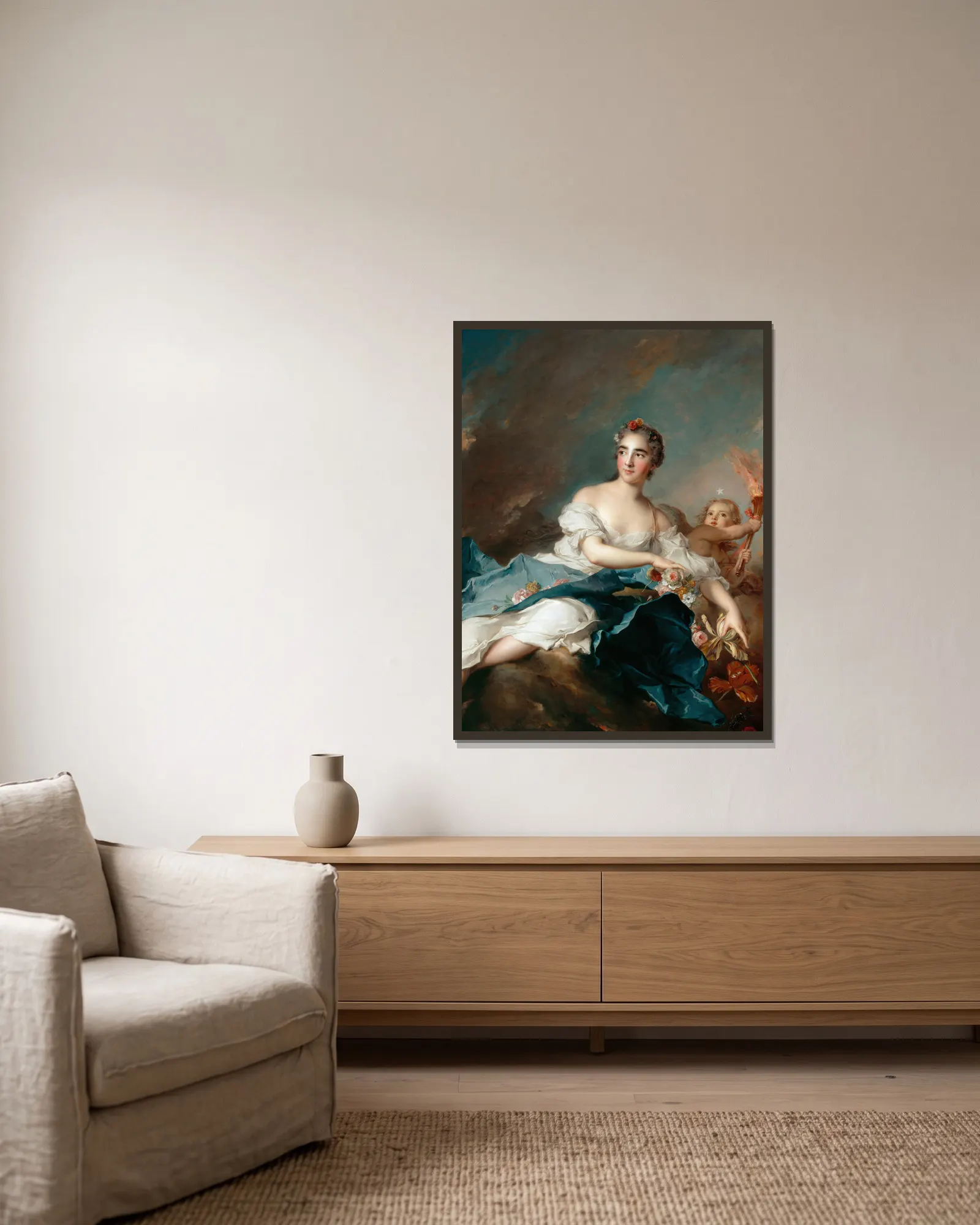 The Countess de Brac as Aurora av Jean-Marc Nattier inramad på en vägg