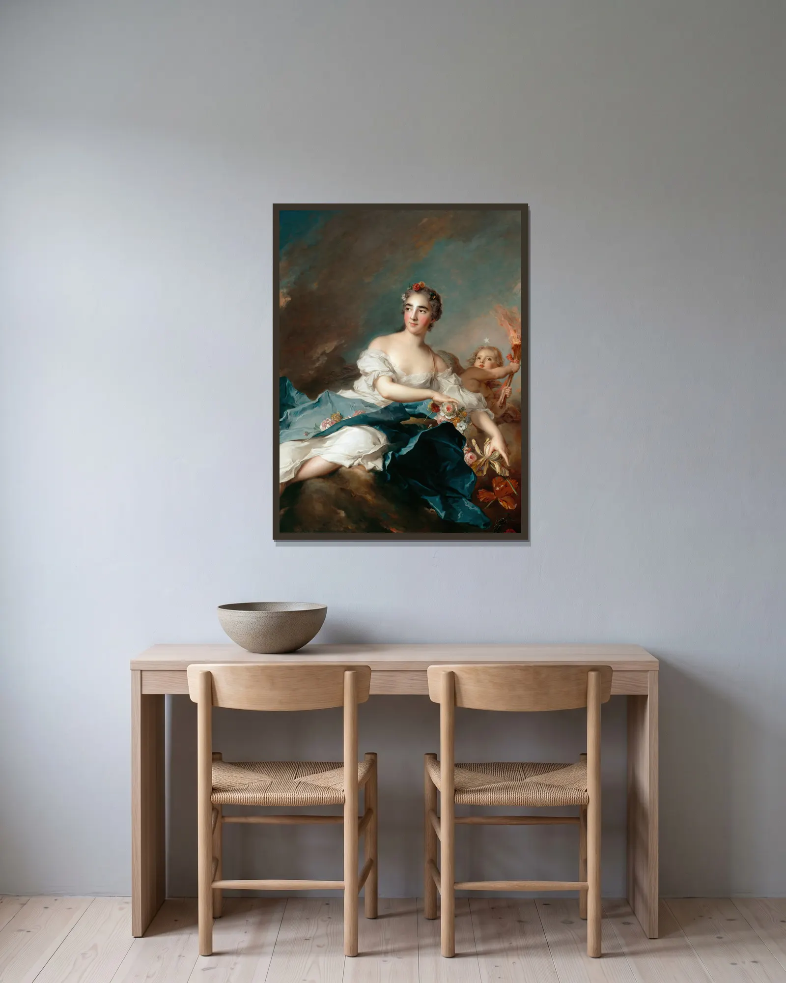 The Countess de Brac as Aurora av Jean-Marc Nattier inramad på en vägg