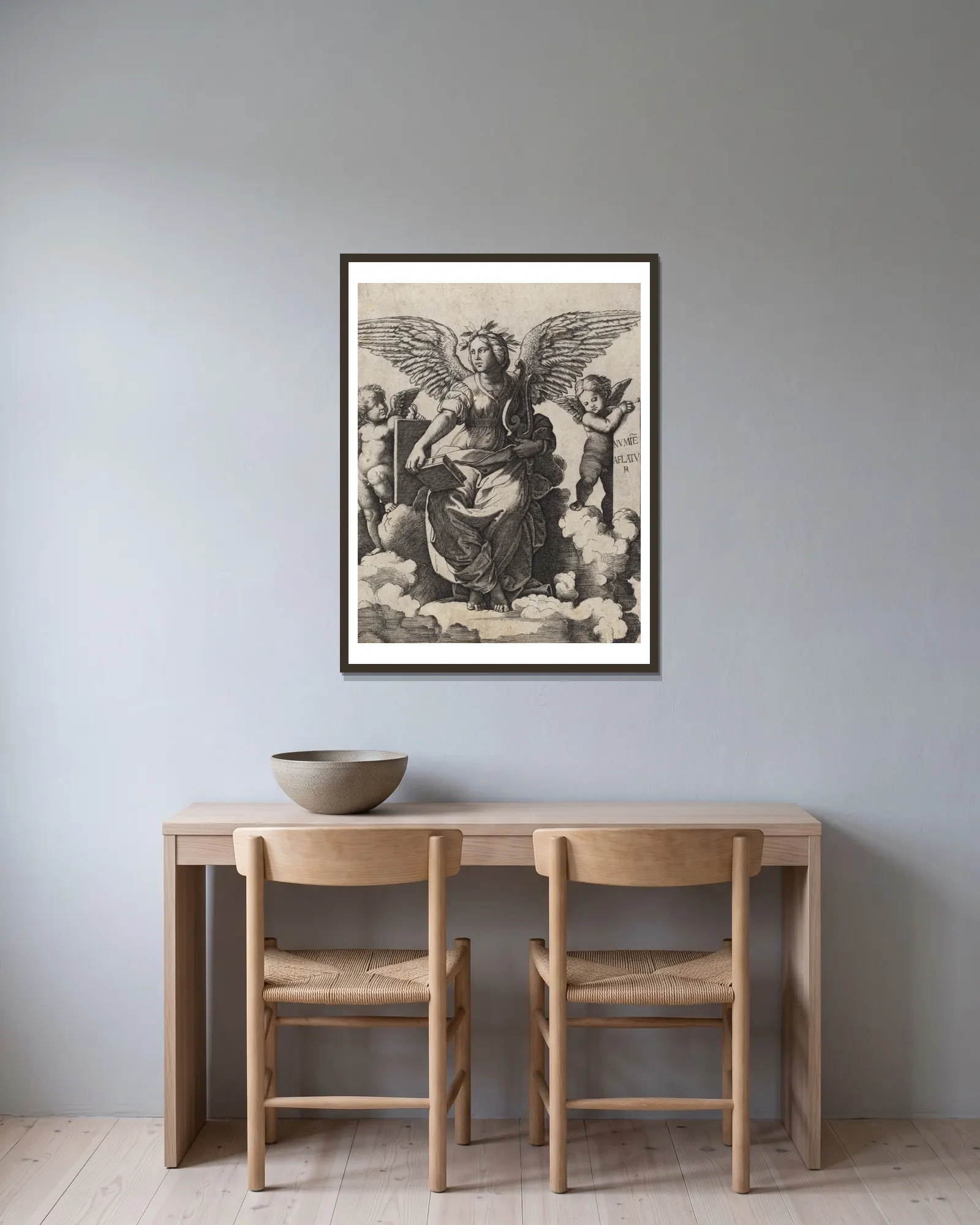 Poetry av Marcantonio Raimondi inramad på en vägg