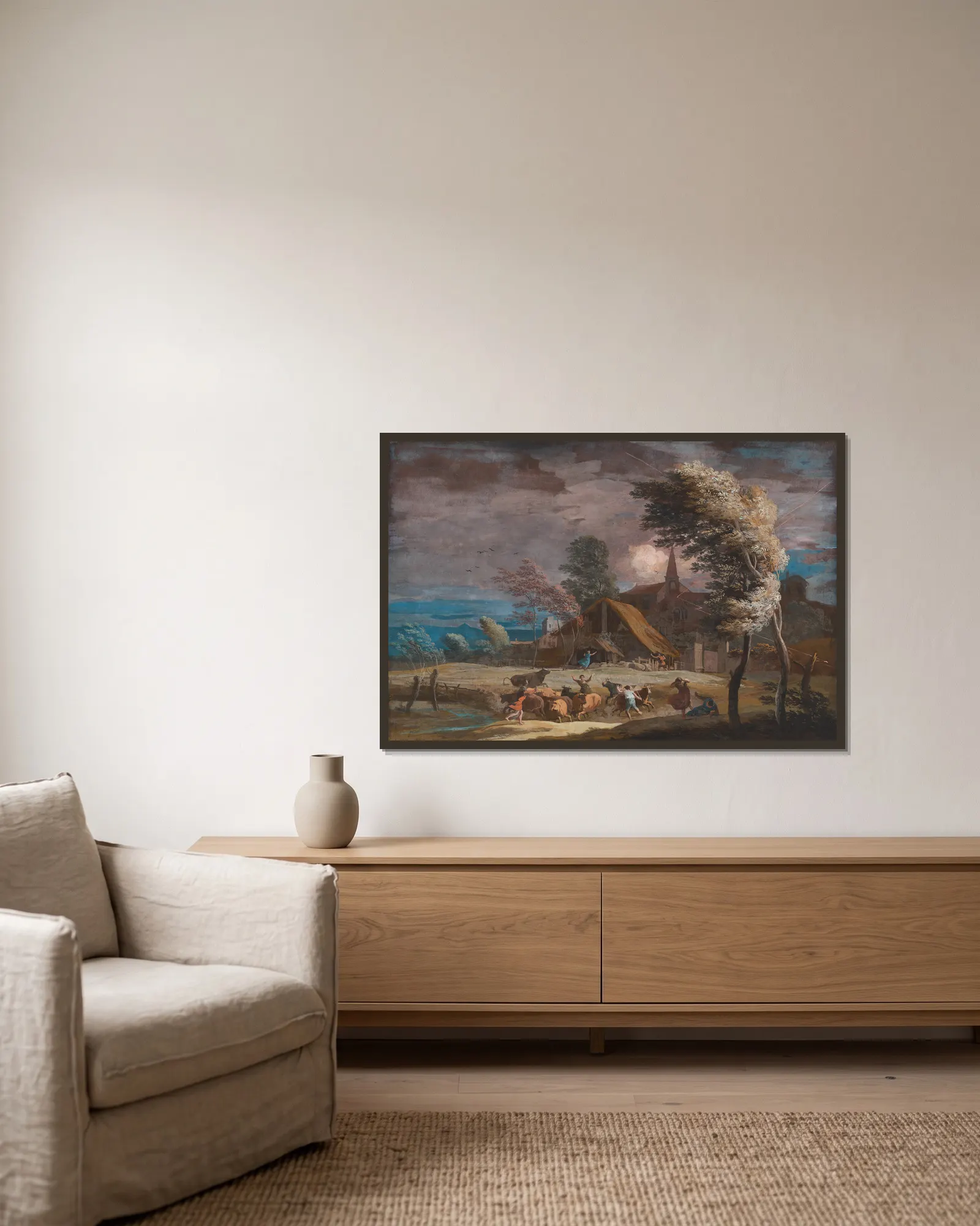 A Stormy Landscape av Marco Ricci inramad på en vägg