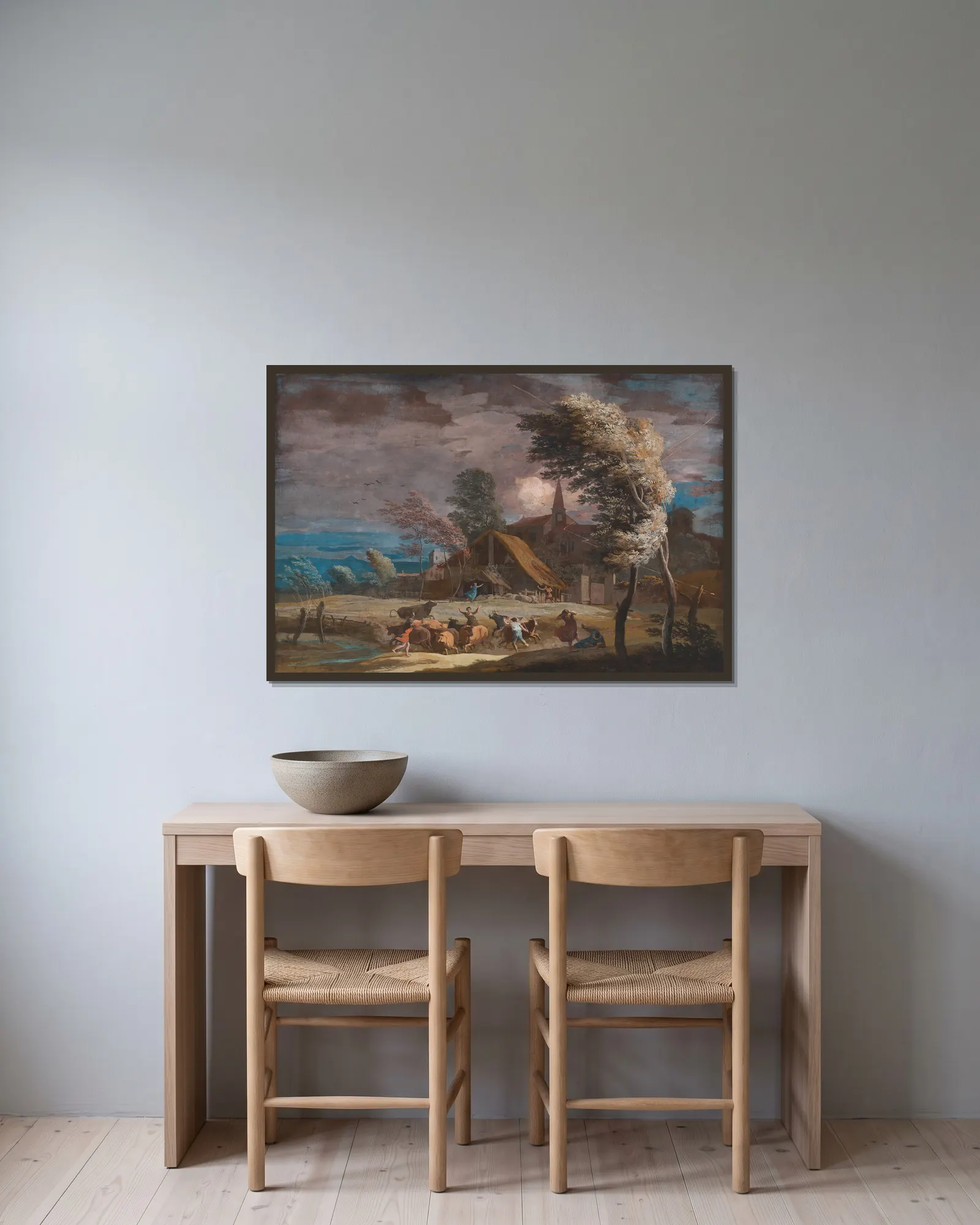 A Stormy Landscape av Marco Ricci inramad på en vägg