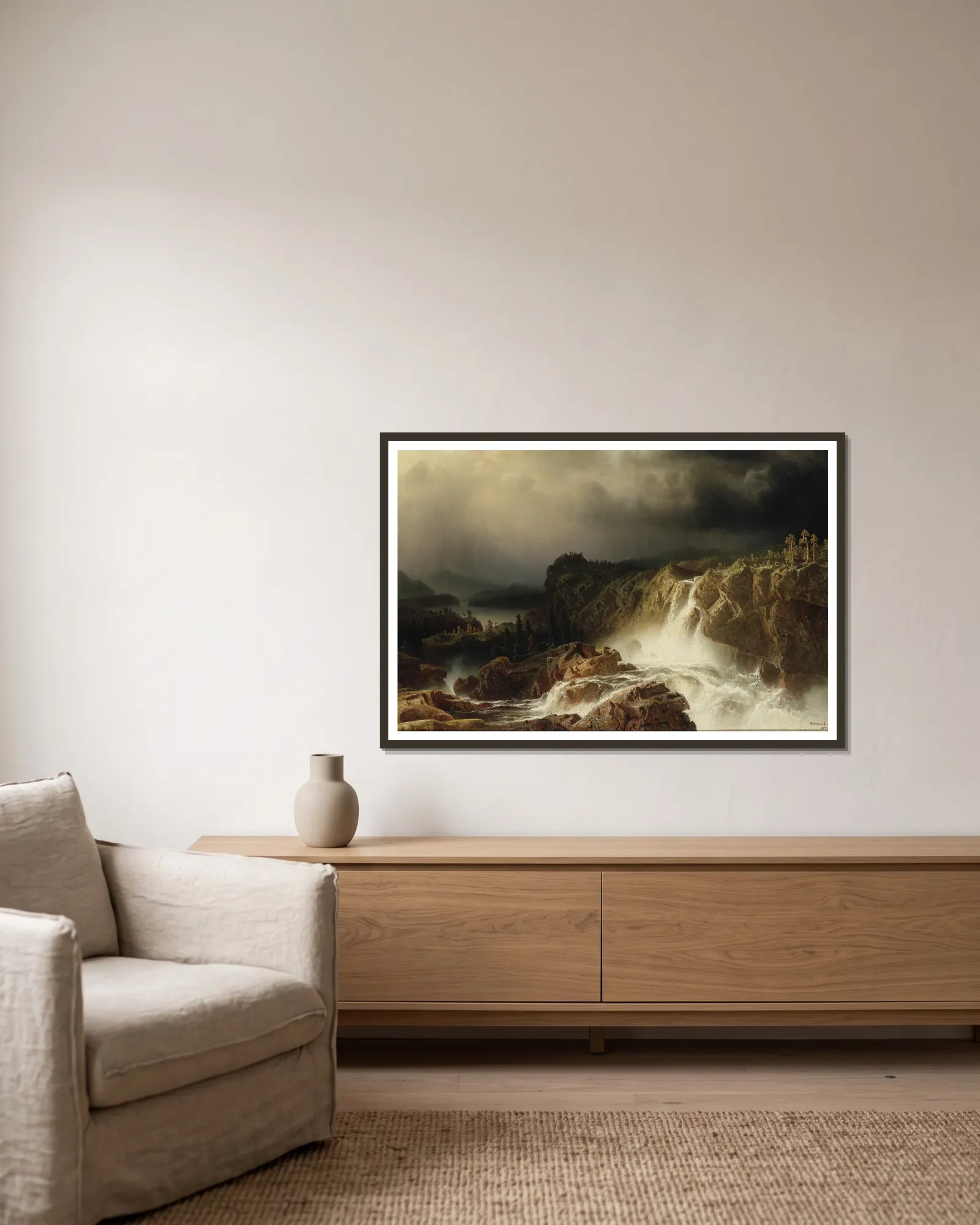 Rocky Landscape with Waterfall av Marcus Larson inramad på en vägg
